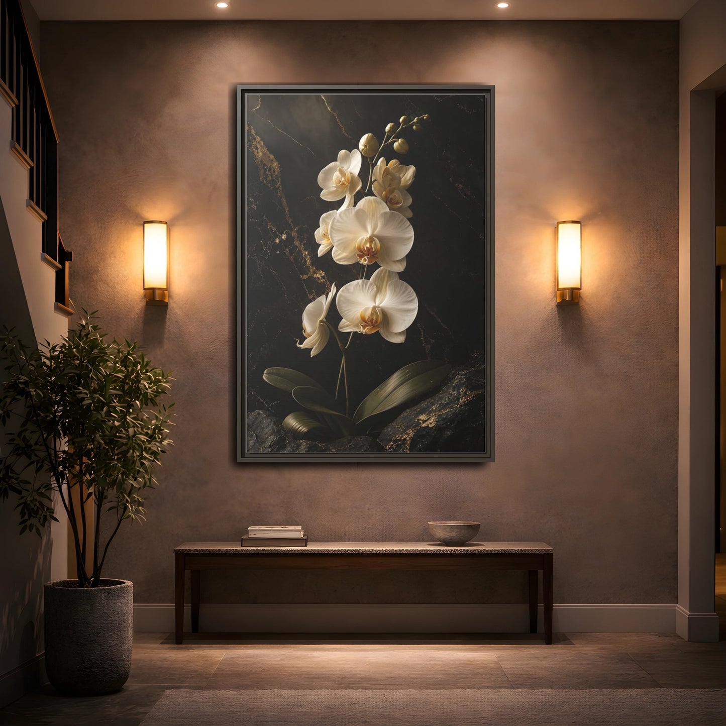 Mockup 2. Floral Orchid Flower Black And Gold Orchid shown as stretched canvas wall art