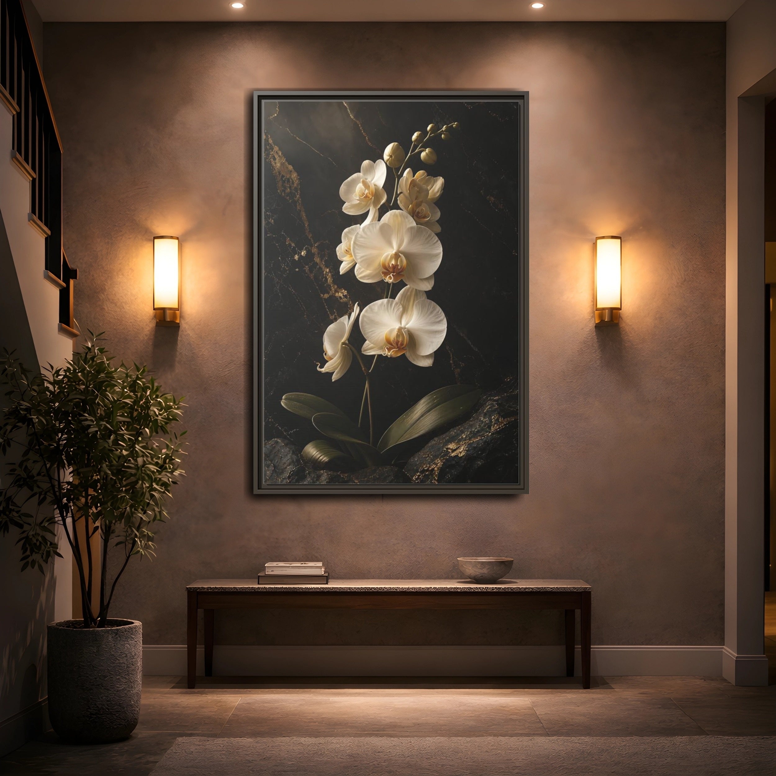 Mockup 2. Floral Orchid Flower Black And Gold Orchid shown as stretched canvas wall art