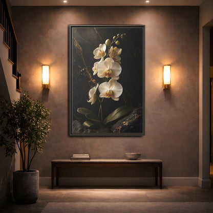 Mockup 2. Floral Orchid Flower Black And Gold Orchid shown as stretched canvas wall art