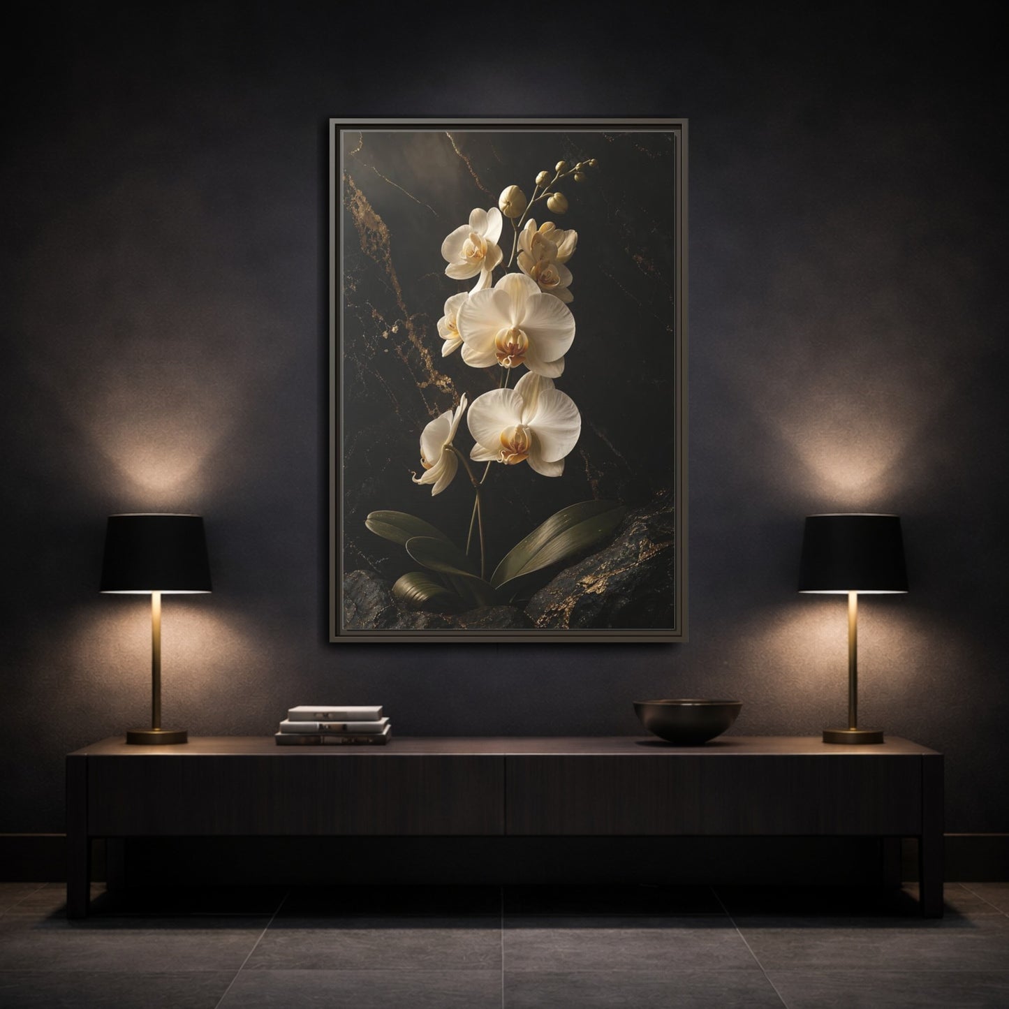 Mockup 3. Floral Orchid Flower Black And Gold Orchid shown as stretched canvas wall art