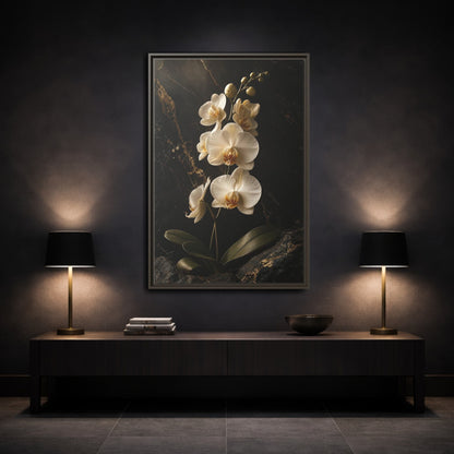 Mockup 3. Floral Orchid Flower Black And Gold Orchid shown as stretched canvas wall art