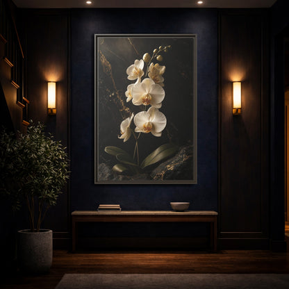 Mockup 4. Floral Orchid Flower Black And Gold Orchid shown as stretched canvas wall art