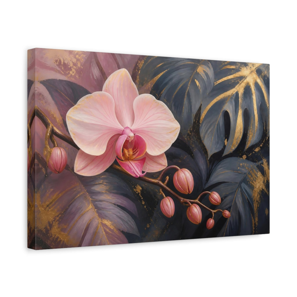 Side Mockup 4. Floral Orchid Flower Pink Gold Orchid shown as stretched canvas wall art