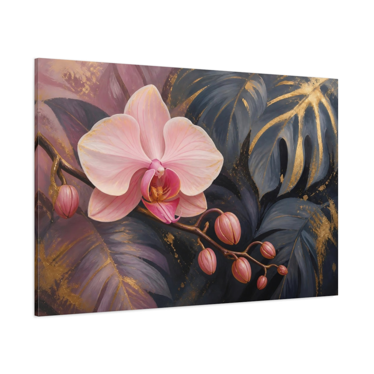 Side Mockup 1. Floral Orchid Flower Pink Gold Orchid shown as stretched canvas wall art