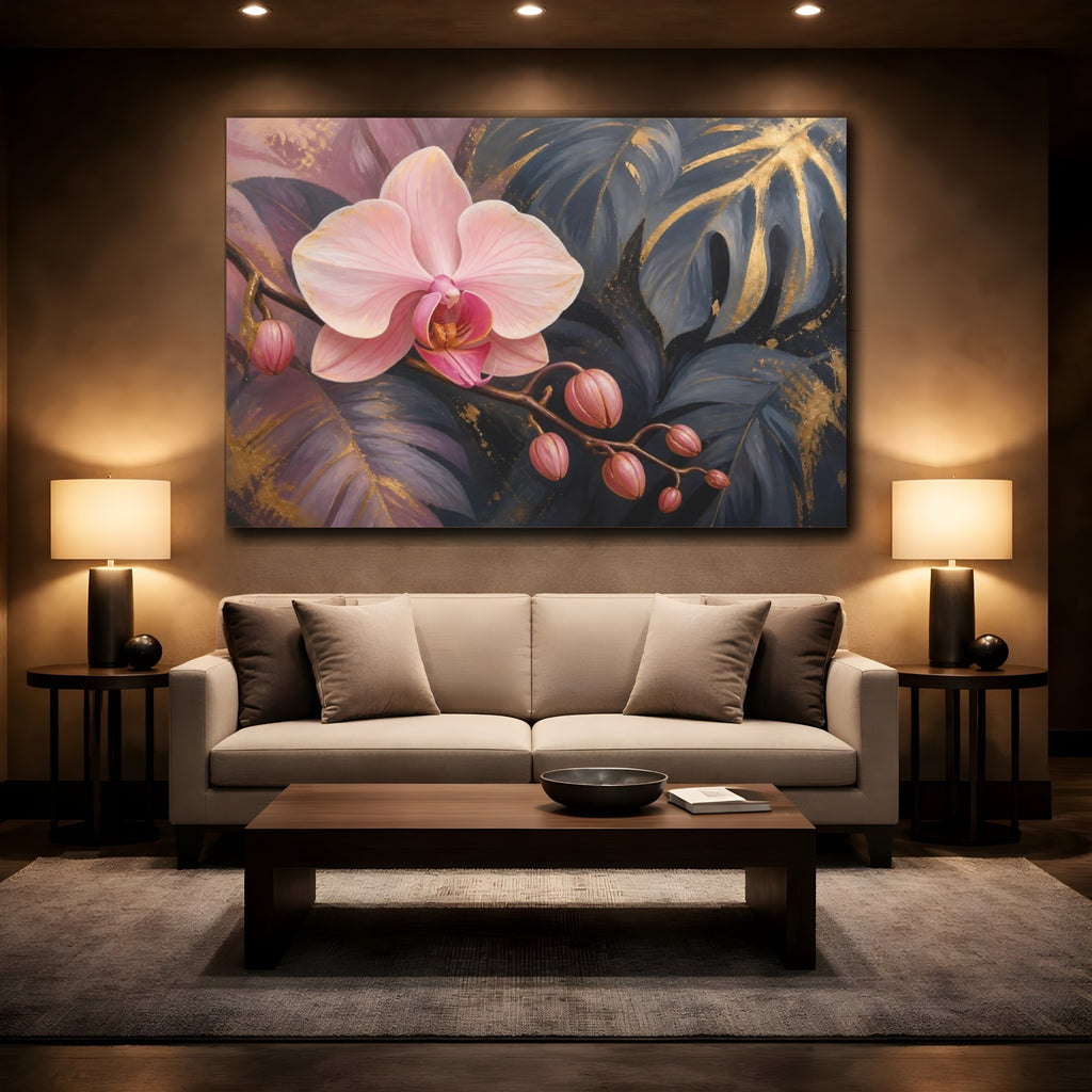 Mockup 2. Floral Orchid Flower Pink Gold Orchid shown as stretched canvas wall art