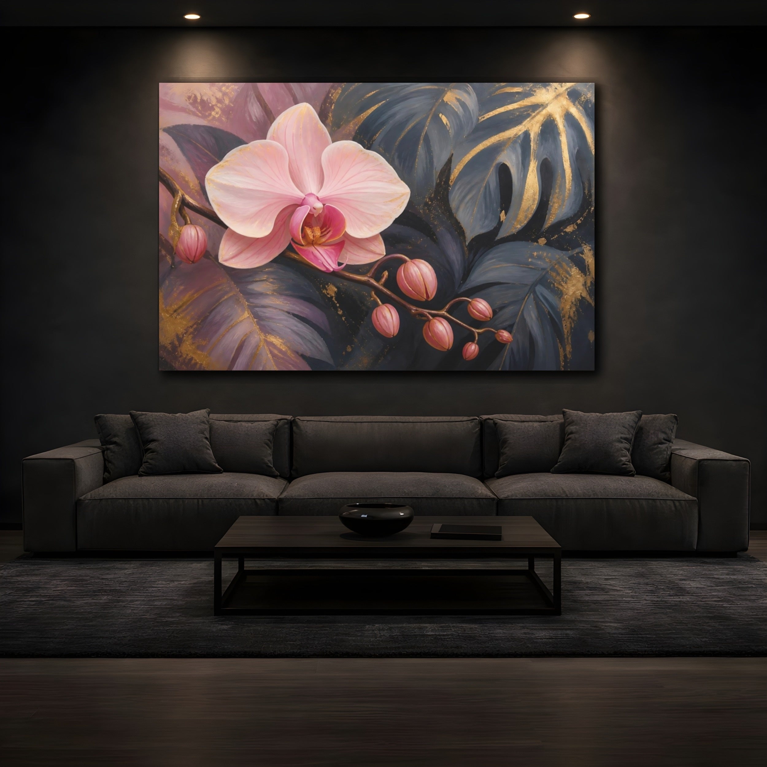 Mockup 3. Floral Orchid Flower Pink Gold Orchid shown as stretched canvas wall art