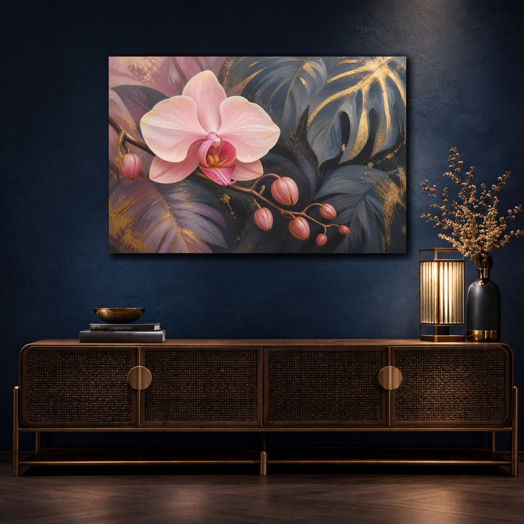 Mockup 4. Floral Orchid Flower Pink Gold Orchid shown as stretched canvas wall art