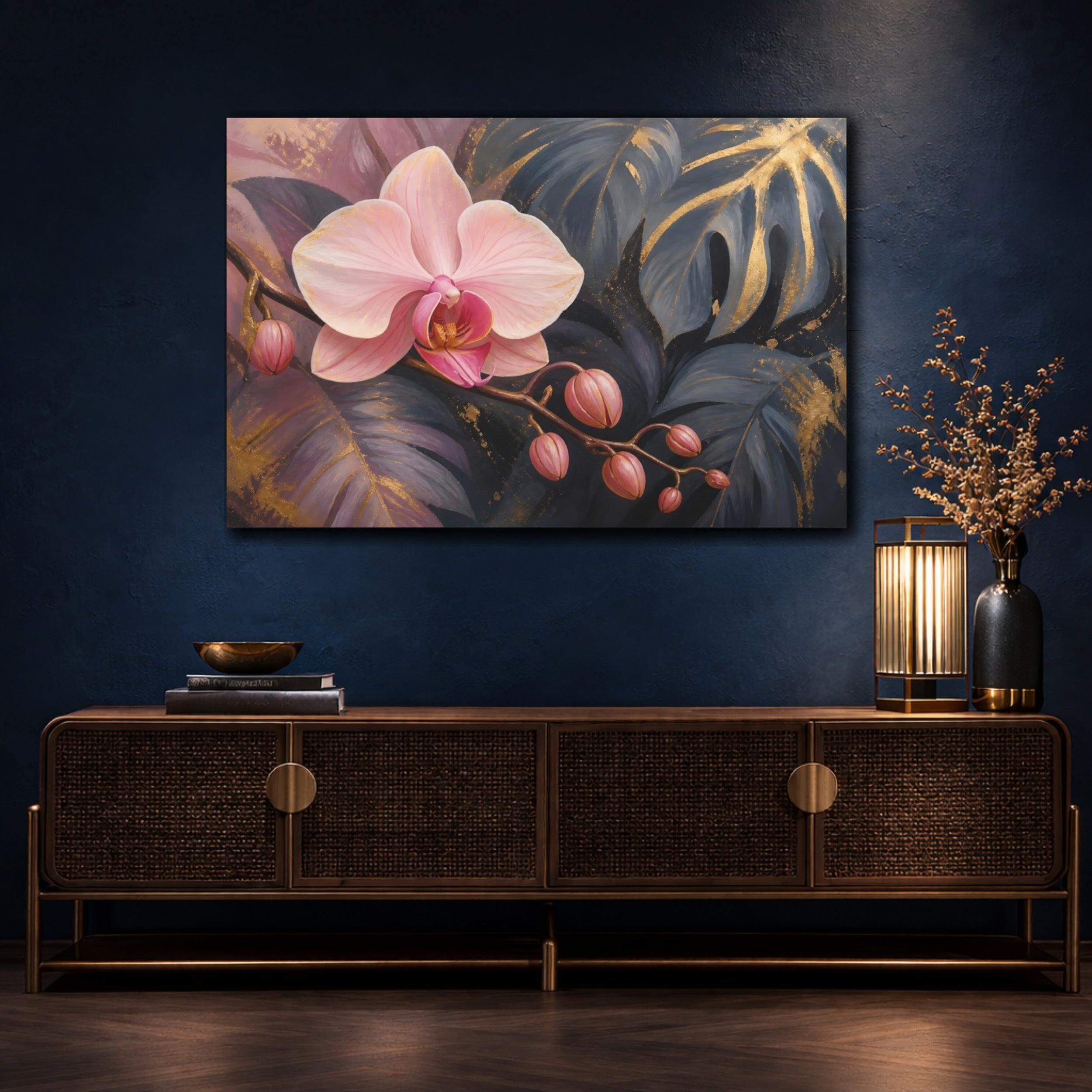 Mockup 4. Floral Orchid Flower Pink Gold Orchid shown as stretched canvas wall art