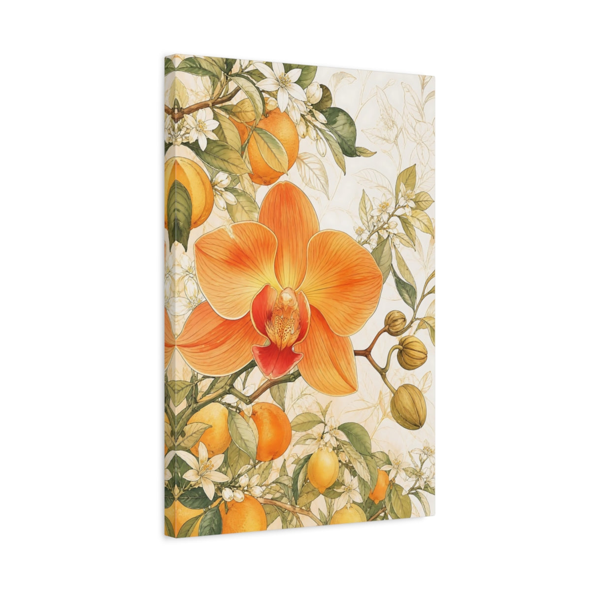 Side Mockup 3. Floral Orchid Orange Floral Botanical shown as stretched canvas wall art