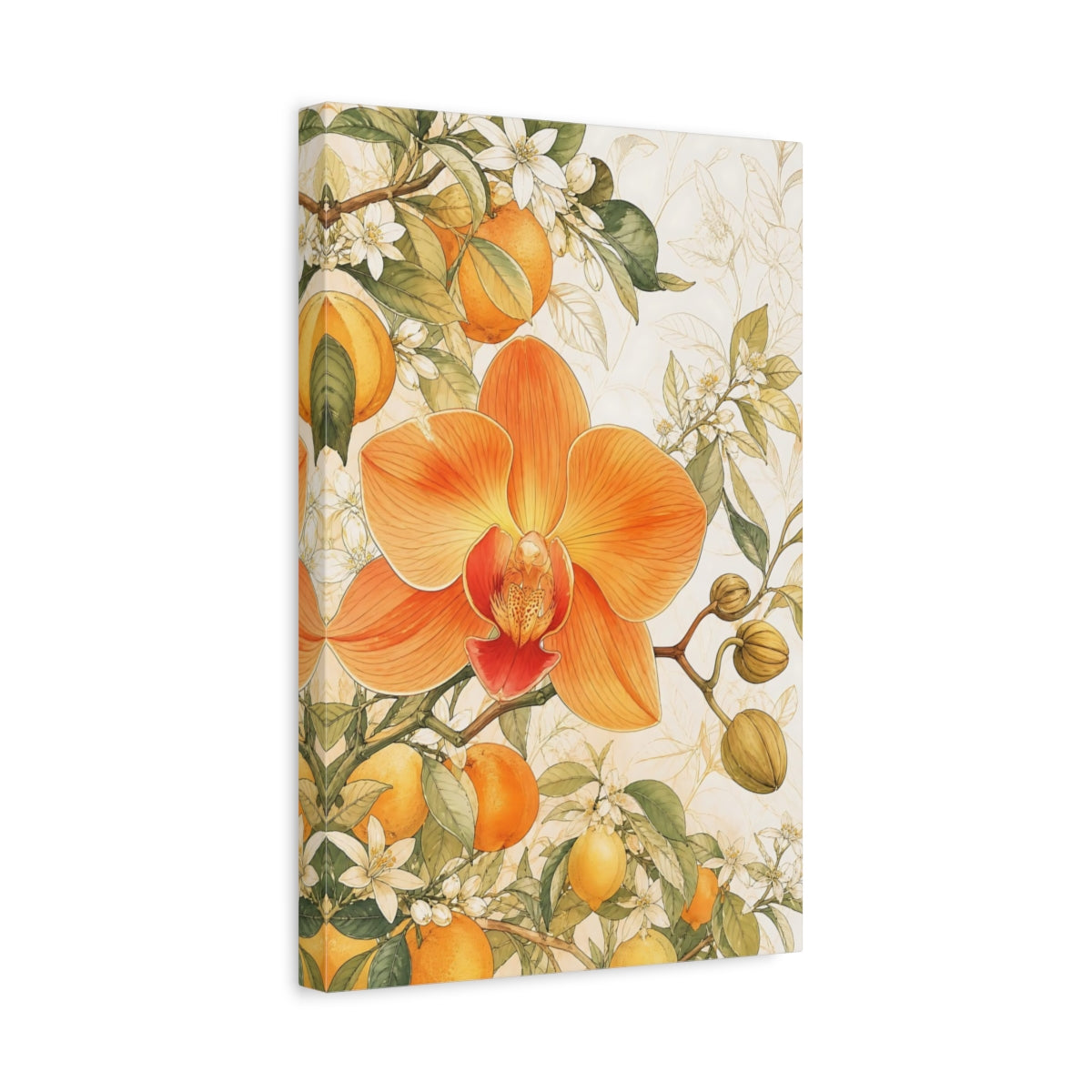 Side Mockup 4. Floral Orchid Orange Floral Botanical shown as stretched canvas wall art