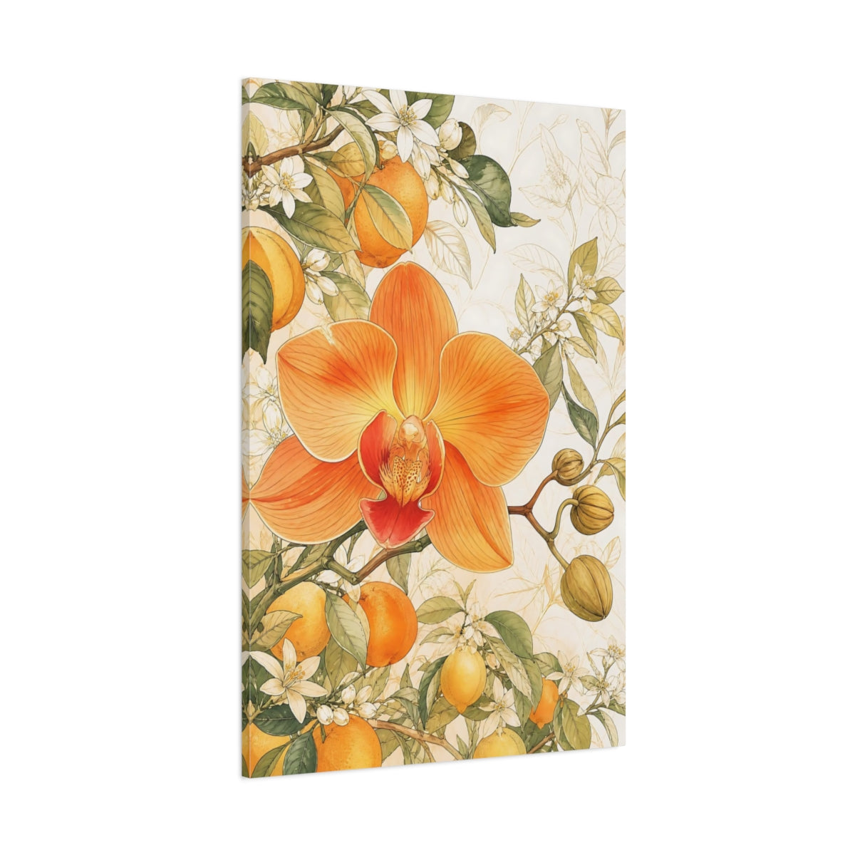 Side Mockup 1. Floral Orchid Orange Floral Botanical shown as stretched canvas wall art