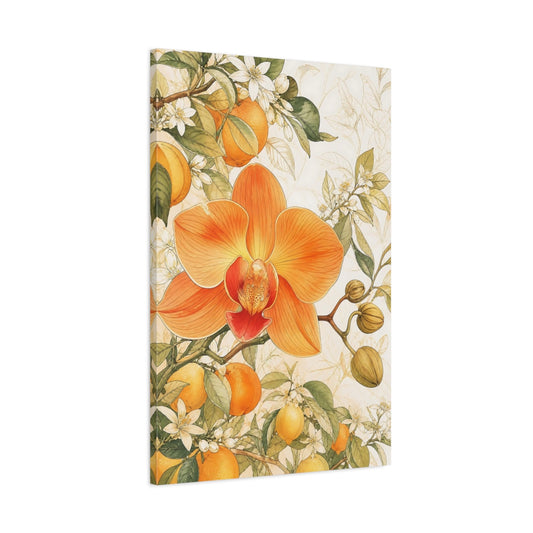 Main Mockup. Floral Orchid Orange Floral Botanical shown as stretched canvas wall art