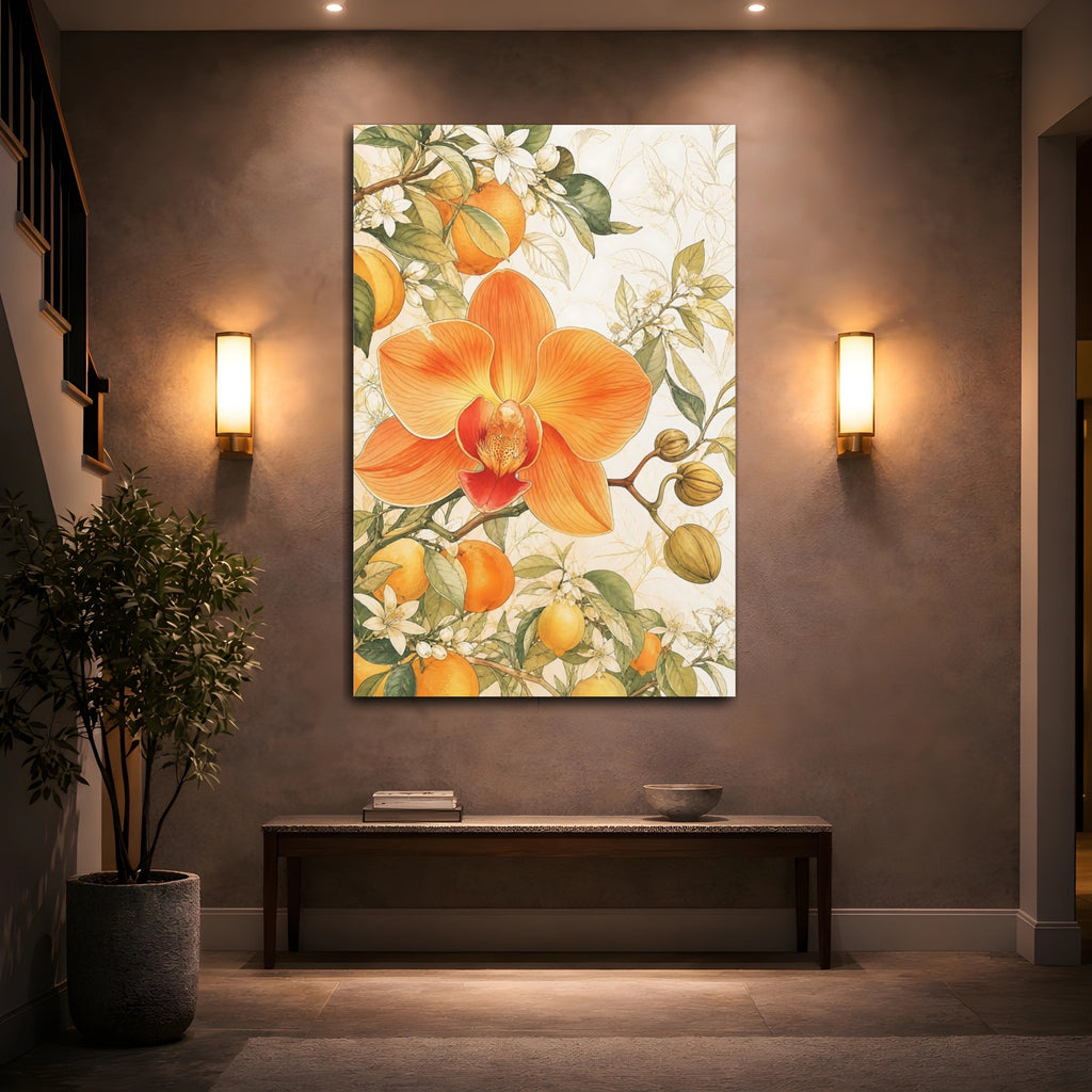 Mockup 2. Floral Orchid Orange Floral Botanical shown as stretched canvas wall art