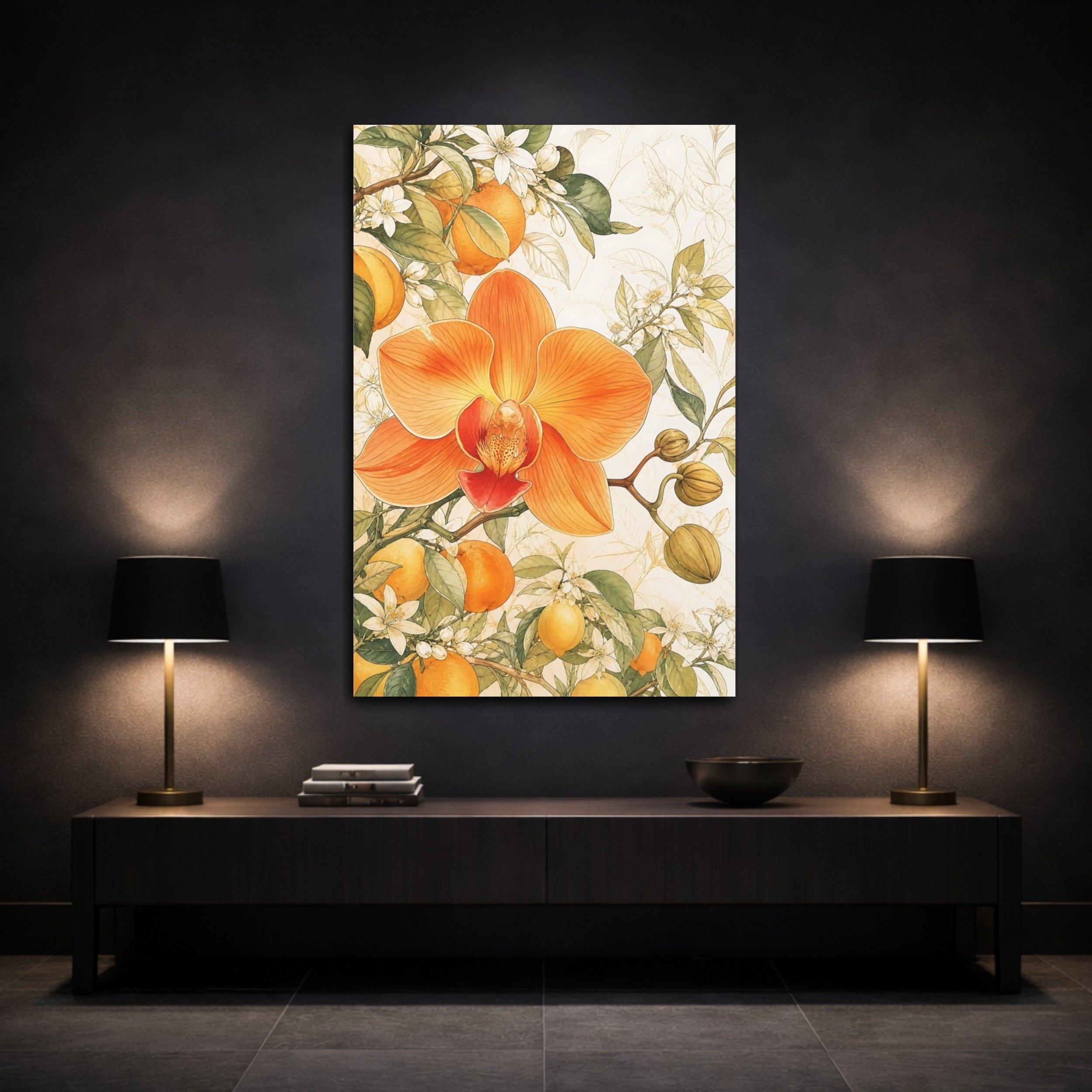 Mockup 3. Floral Orchid Orange Floral Botanical shown as stretched canvas wall art