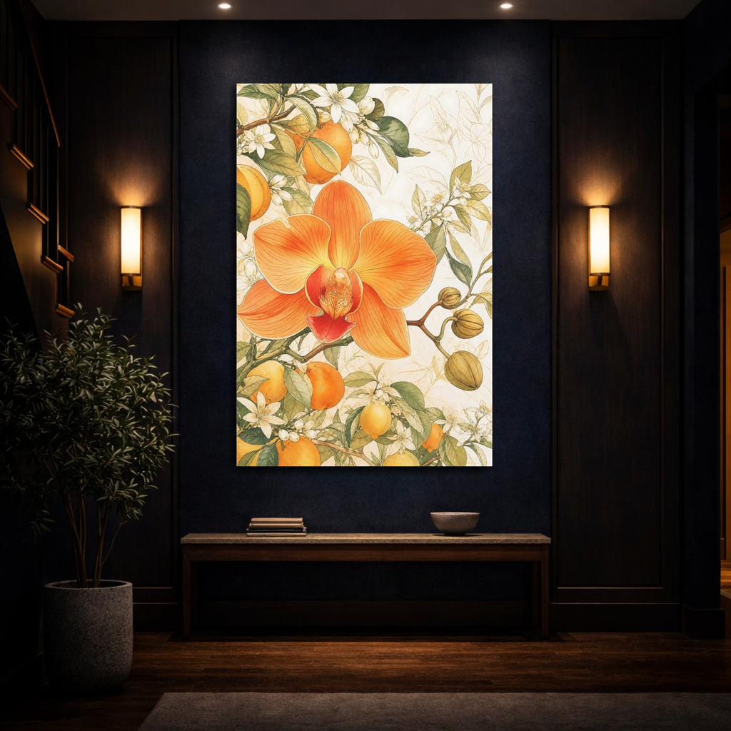 Mockup 4. Floral Orchid Orange Floral Botanical shown as stretched canvas wall art