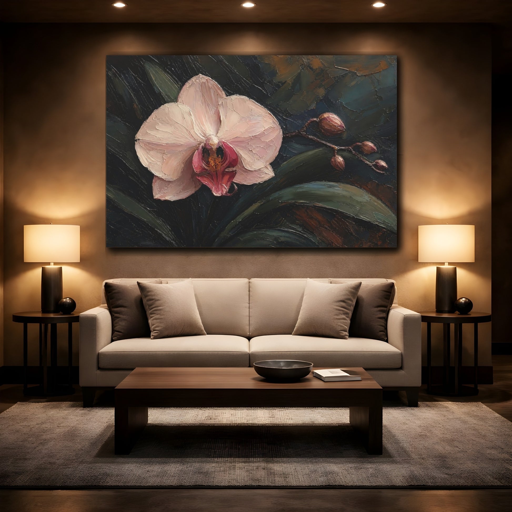 Mockup 2. Floral Orchid Pink Orchid shown as stretched canvas wall art