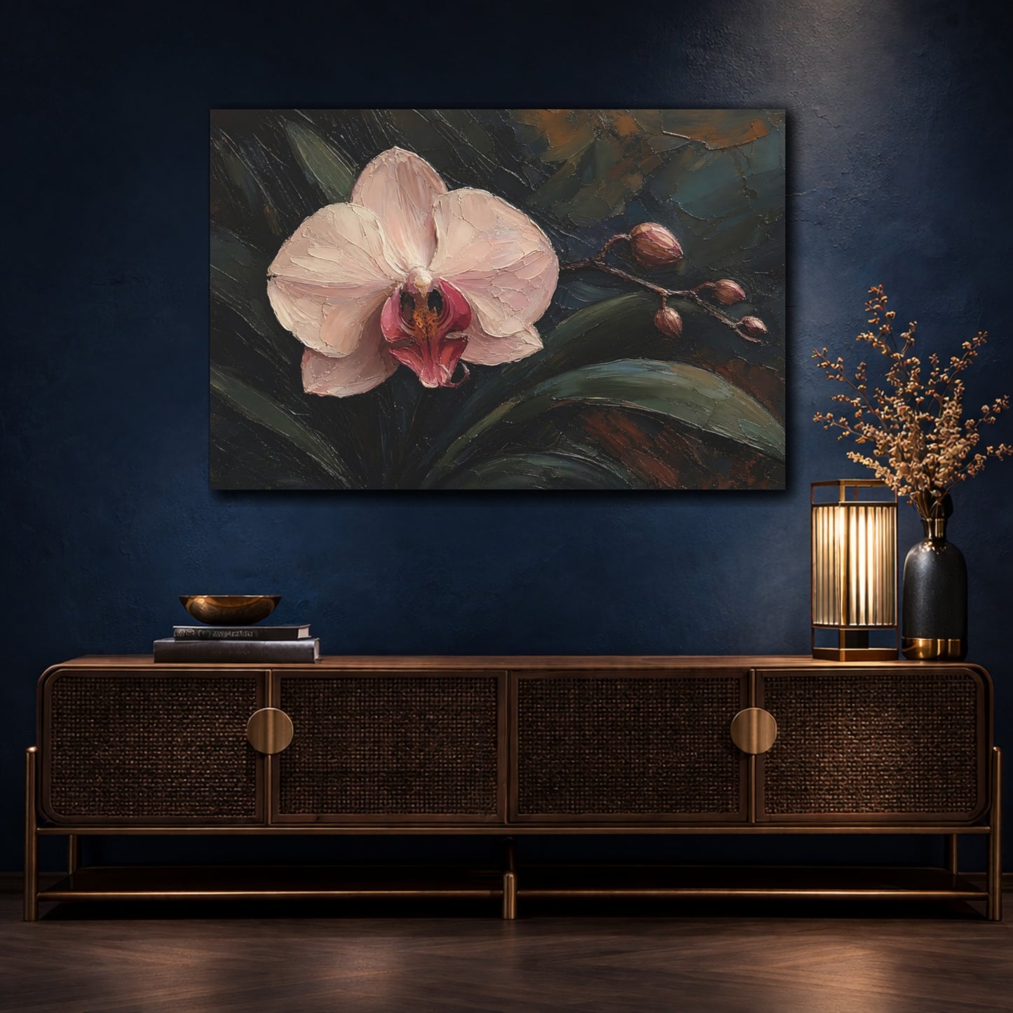 Mockup 4. Floral Orchid Pink Orchid shown as stretched canvas wall art