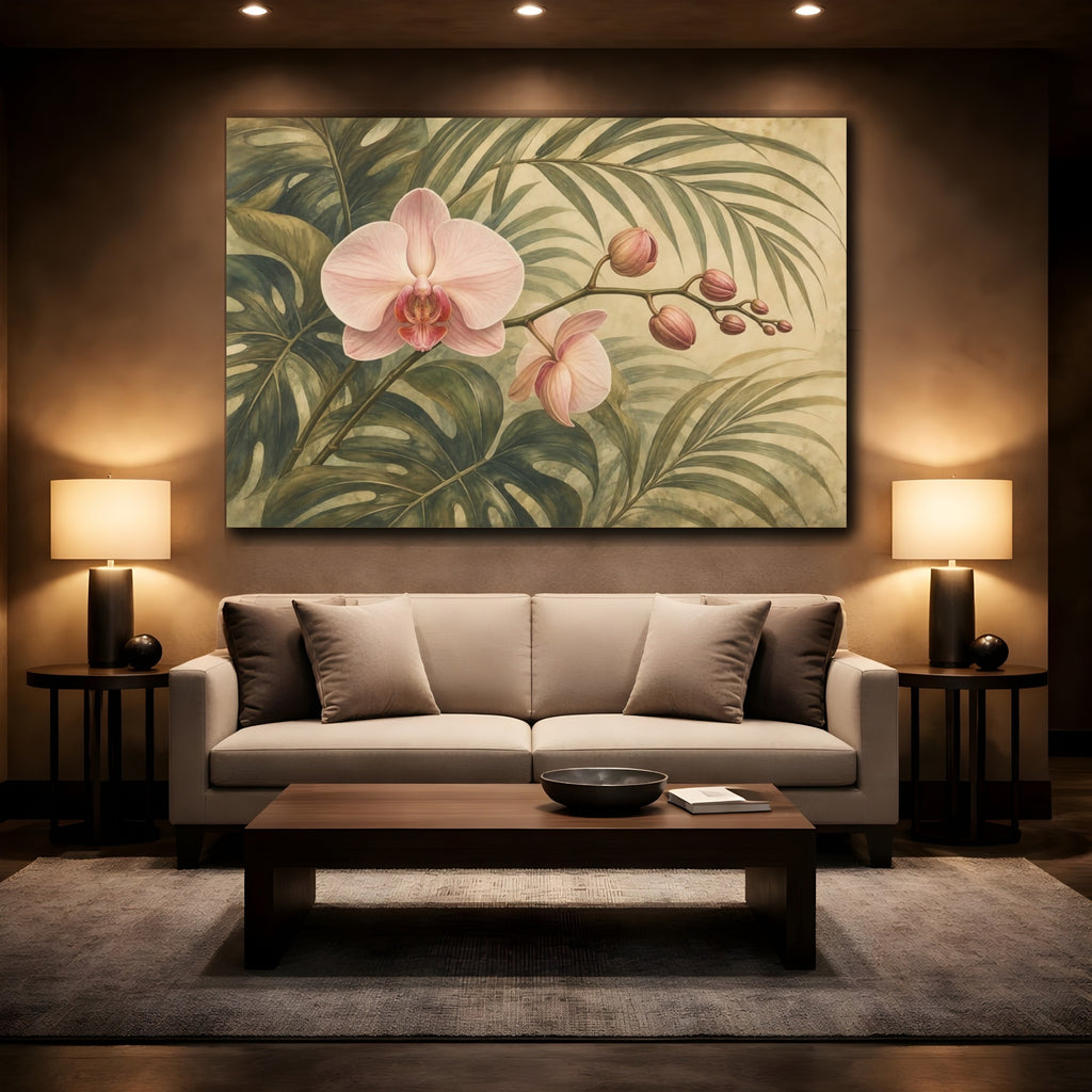 Mockup 2. Floral Orchid Pink Orchid Tropical shown as stretched canvas wall art