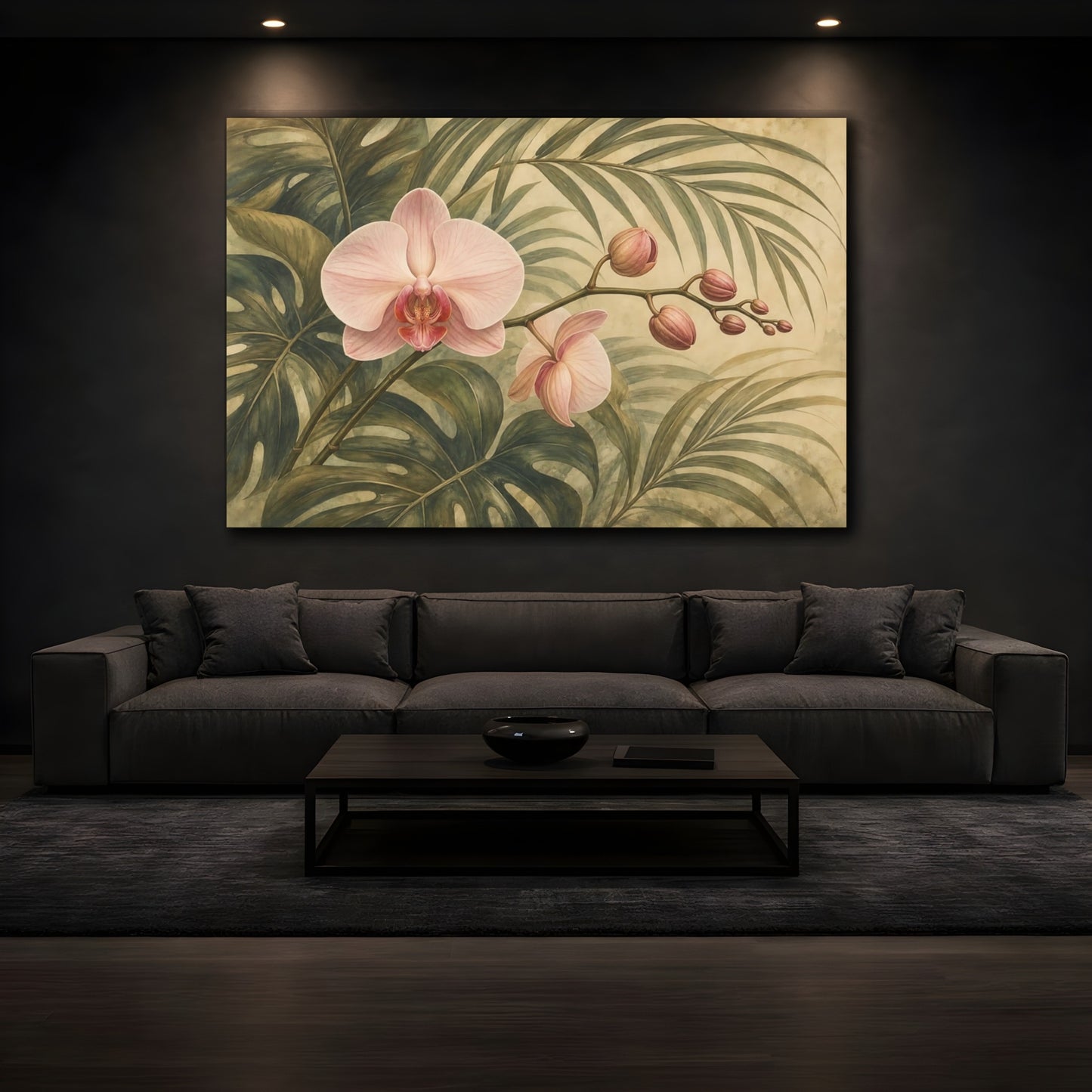 Mockup 3. Floral Orchid Pink Orchid Tropical shown as stretched canvas wall art