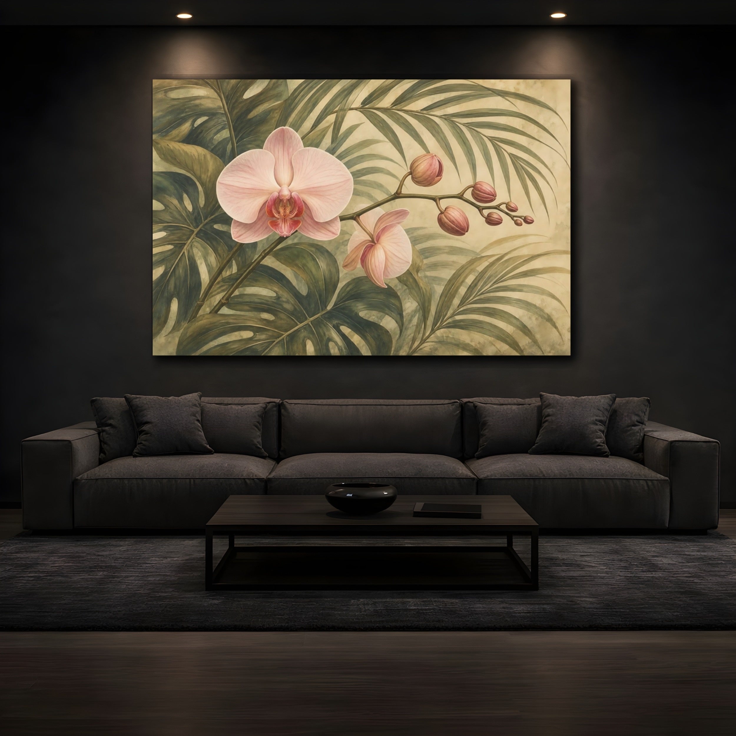 Mockup 3. Floral Orchid Pink Orchid Tropical shown as stretched canvas wall art