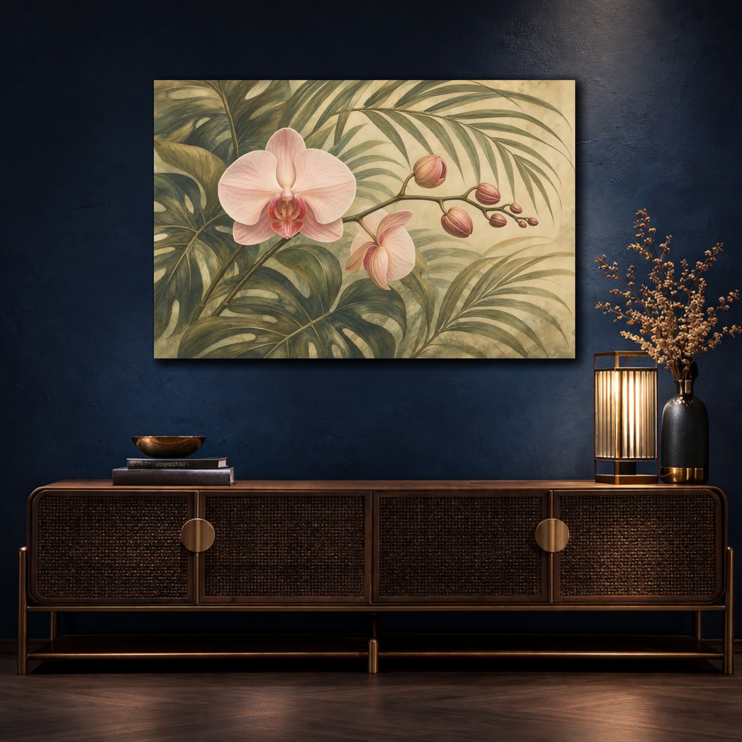Mockup 4. Floral Orchid Pink Orchid Tropical shown as stretched canvas wall art