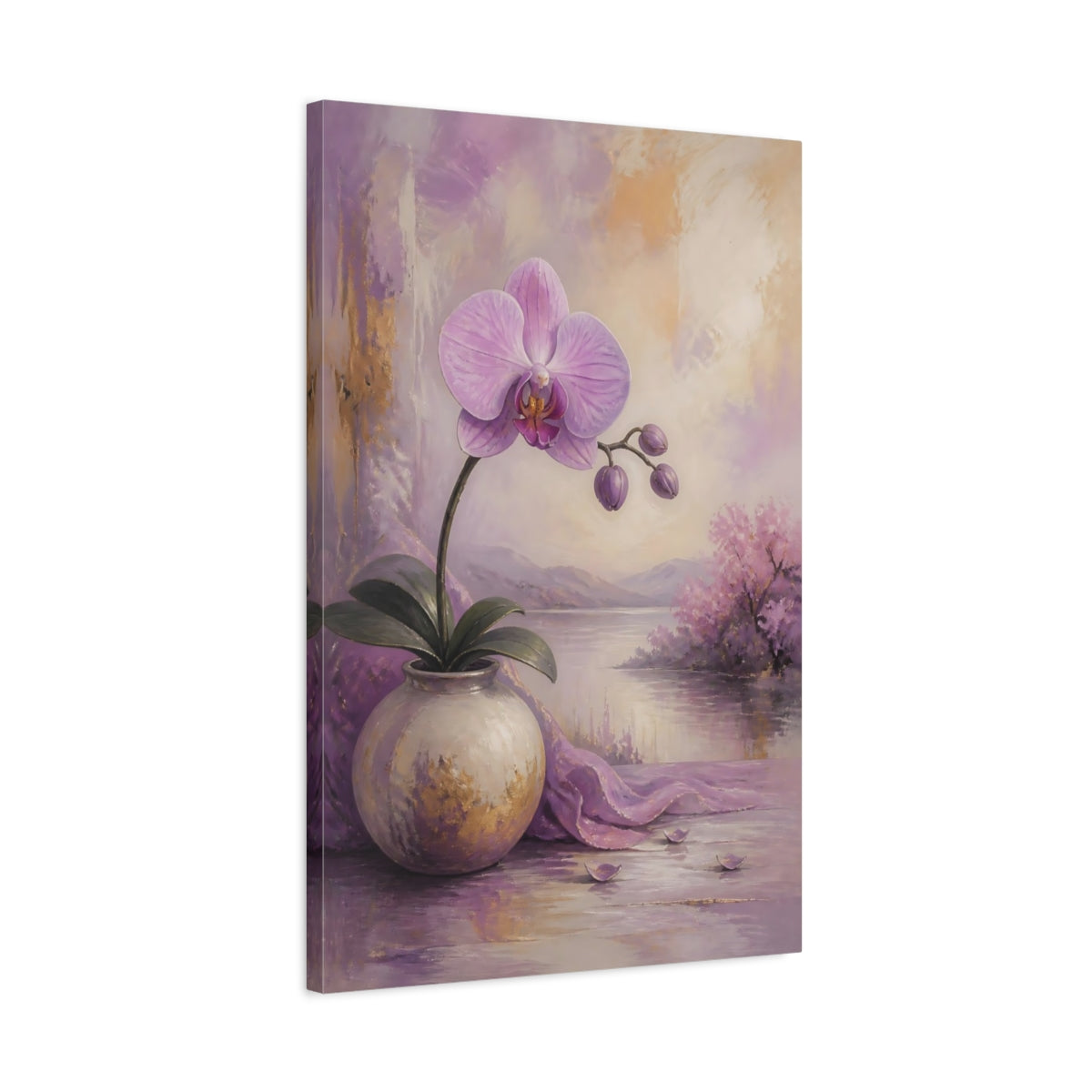 Side Mockup 2. Floral Orchid Purple Orchid shown as stretched canvas wall art