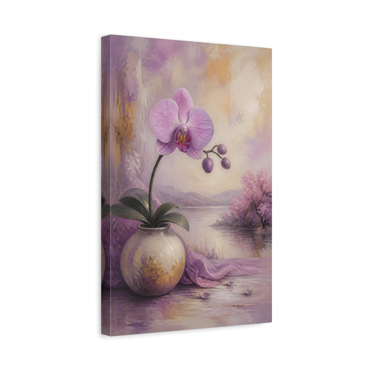 Side Mockup 4. Floral Orchid Purple Orchid shown as stretched canvas wall art