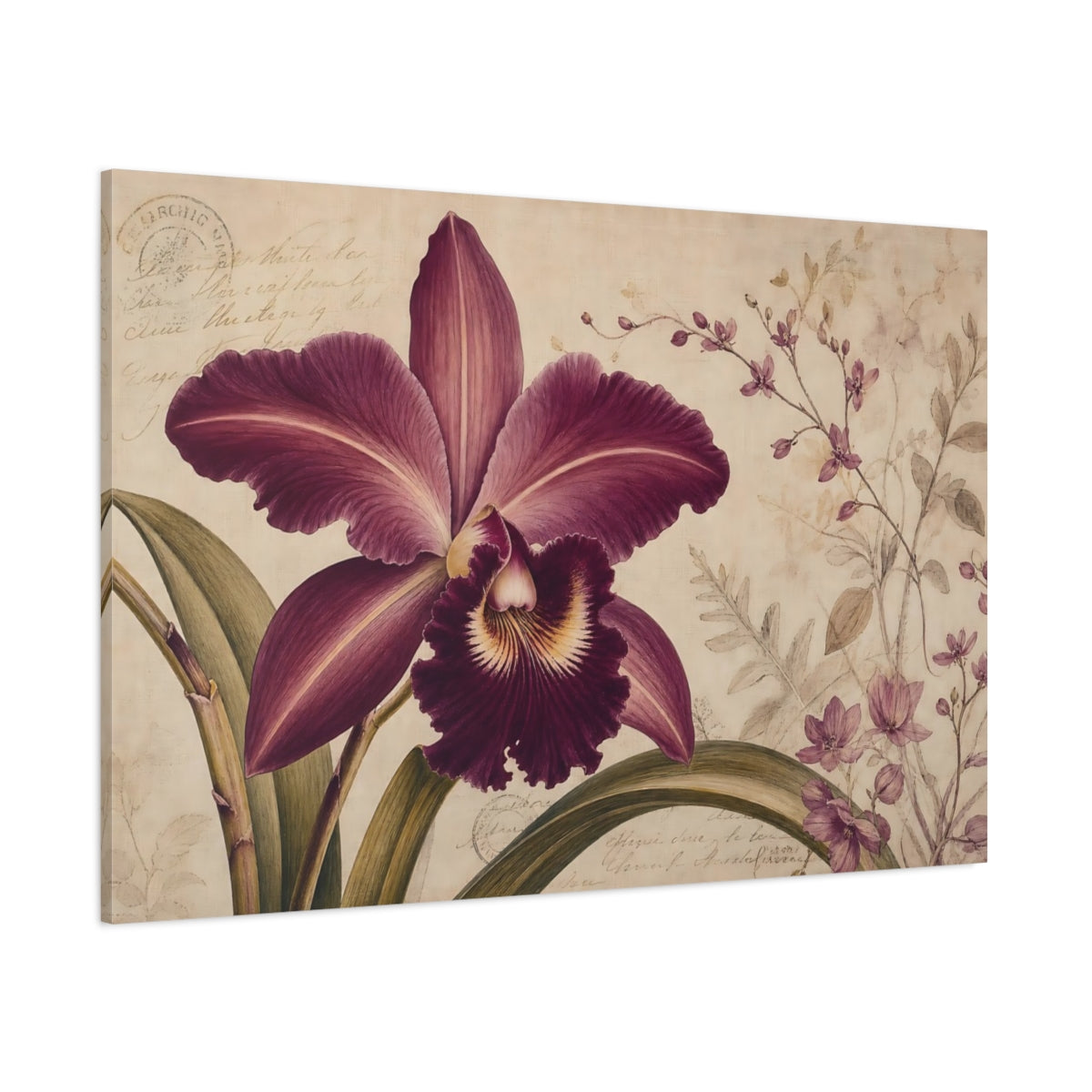 Side Mockup 1. Floral Orchid Purple Orchid shown as stretched canvas wall art