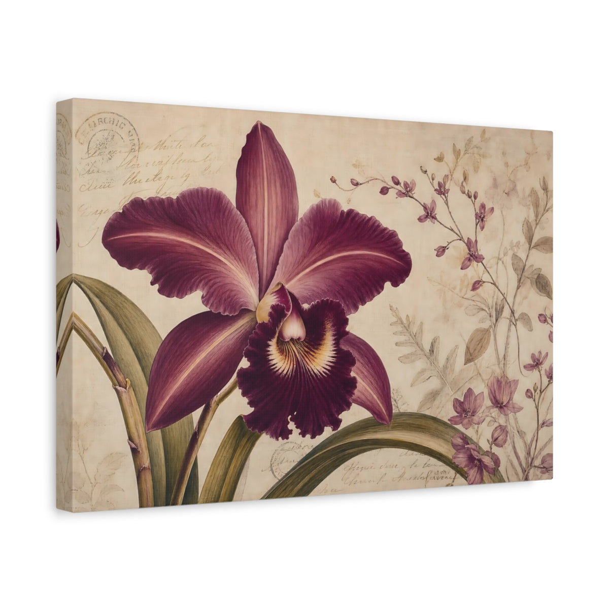 Side Mockup 4. Floral Orchid Purple Orchid shown as stretched canvas wall art