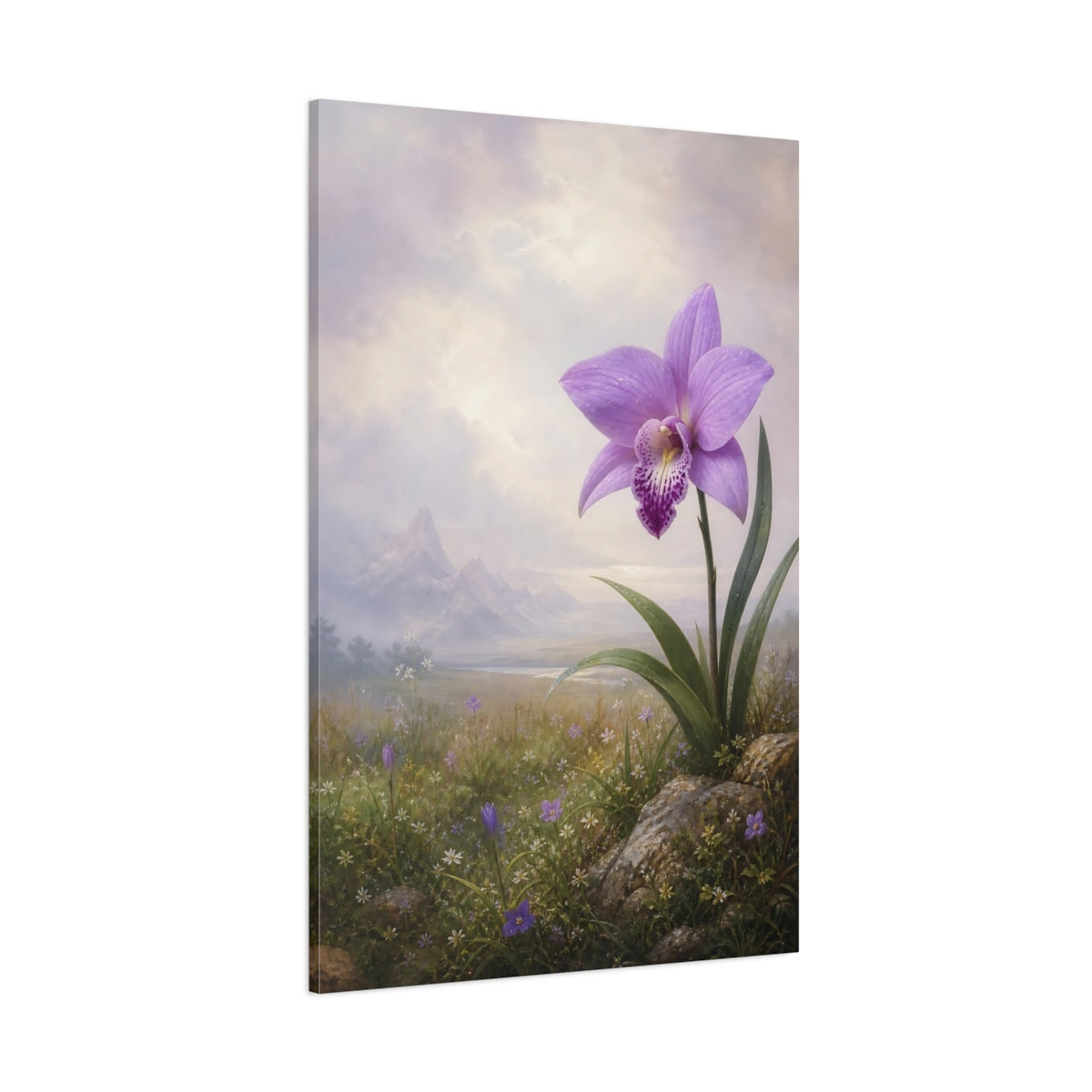 Side Mockup 1. Floral Orchid Purple Orchid shown as stretched canvas wall art