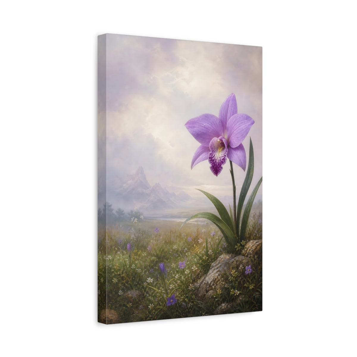 Side Mockup 4. Floral Orchid Purple Orchid shown as stretched canvas wall art