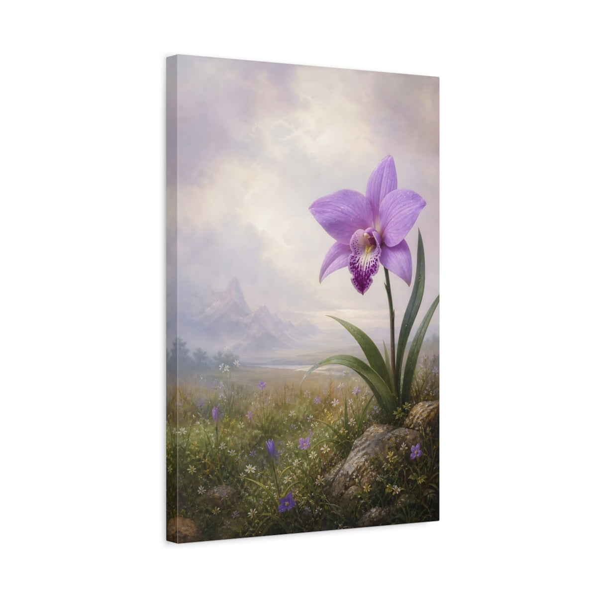 Side Mockup 3. Floral Orchid Purple Orchid shown as stretched canvas wall art