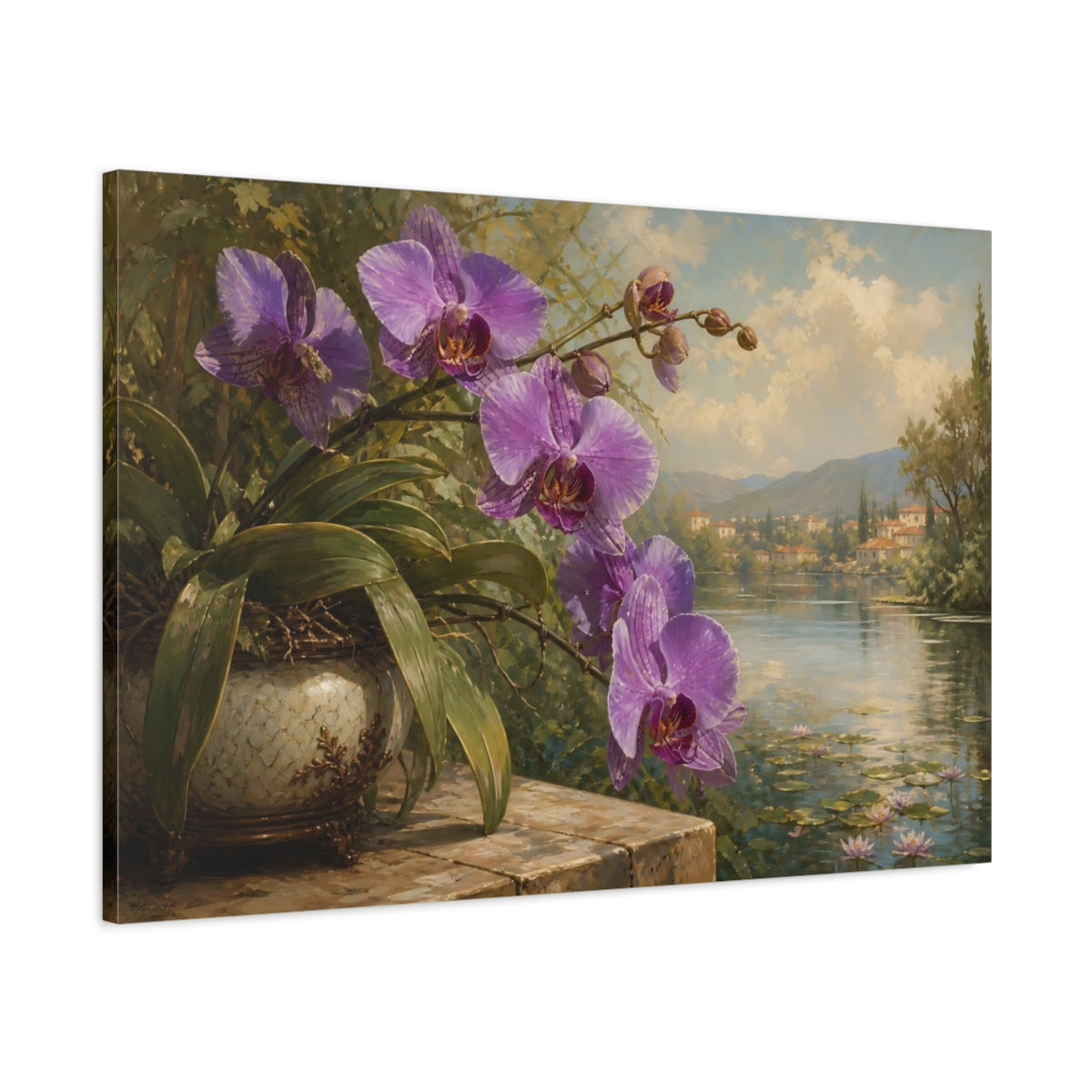Main Mockup. Floral Orchid Purple Floral Lake shown as stretched canvas wall art