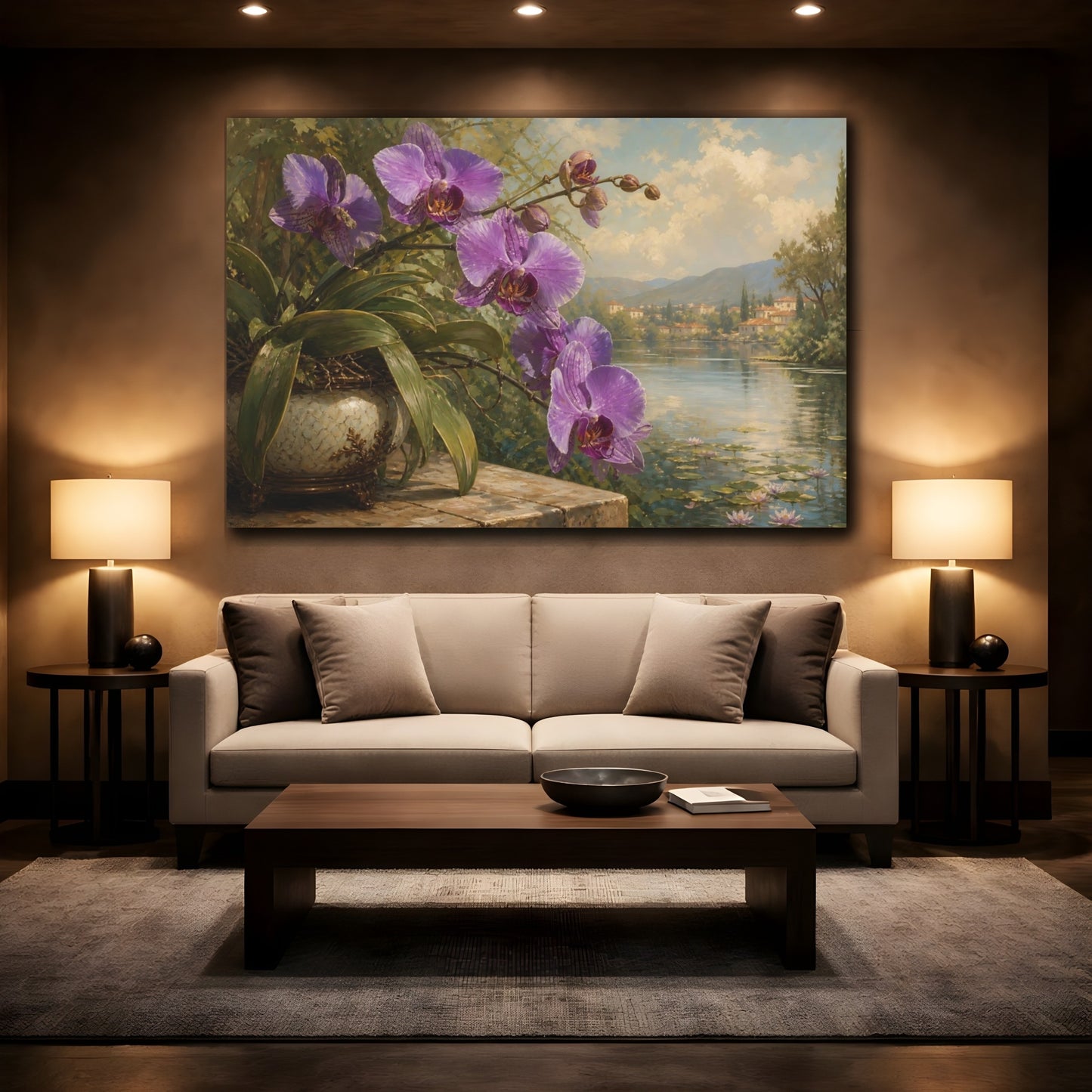 Mockup 2. Floral Orchid Purple Floral Lake shown as stretched canvas wall art