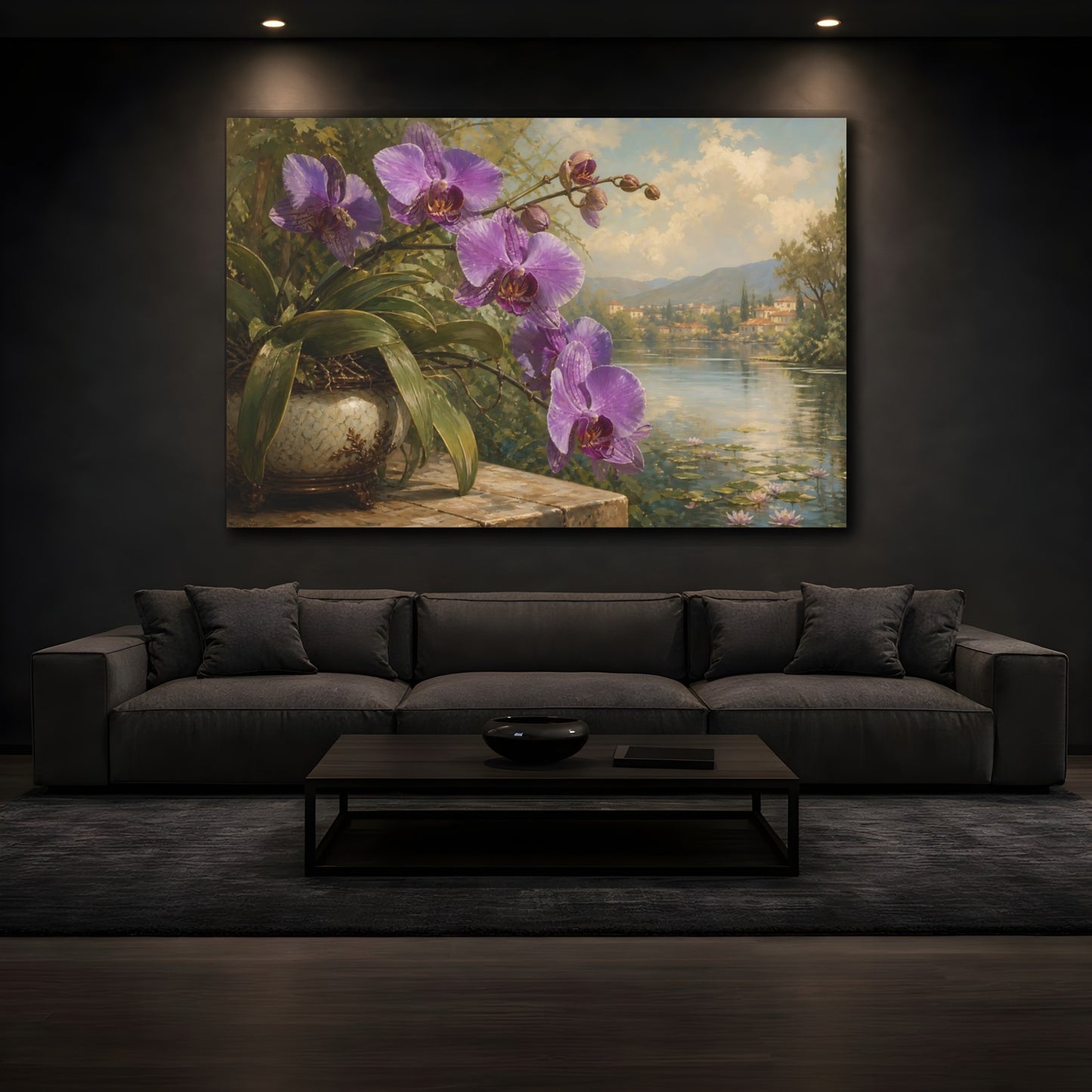Mockup 3. Floral Orchid Purple Floral Lake shown as stretched canvas wall art