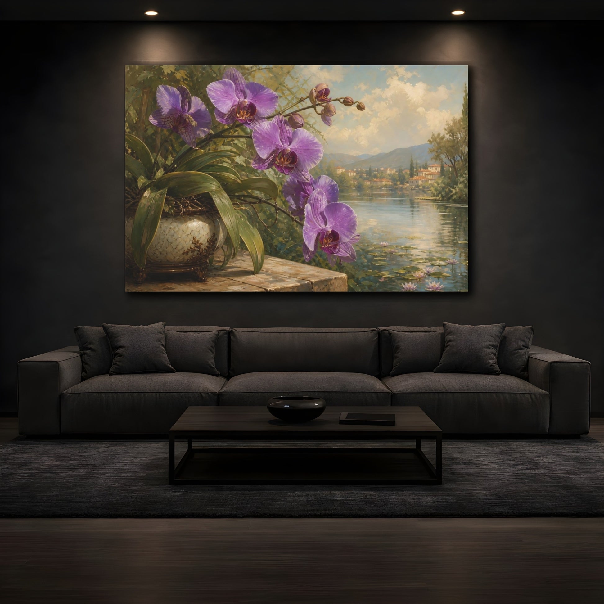 Mockup 3. Floral Orchid Purple Floral Lake shown as stretched canvas wall art