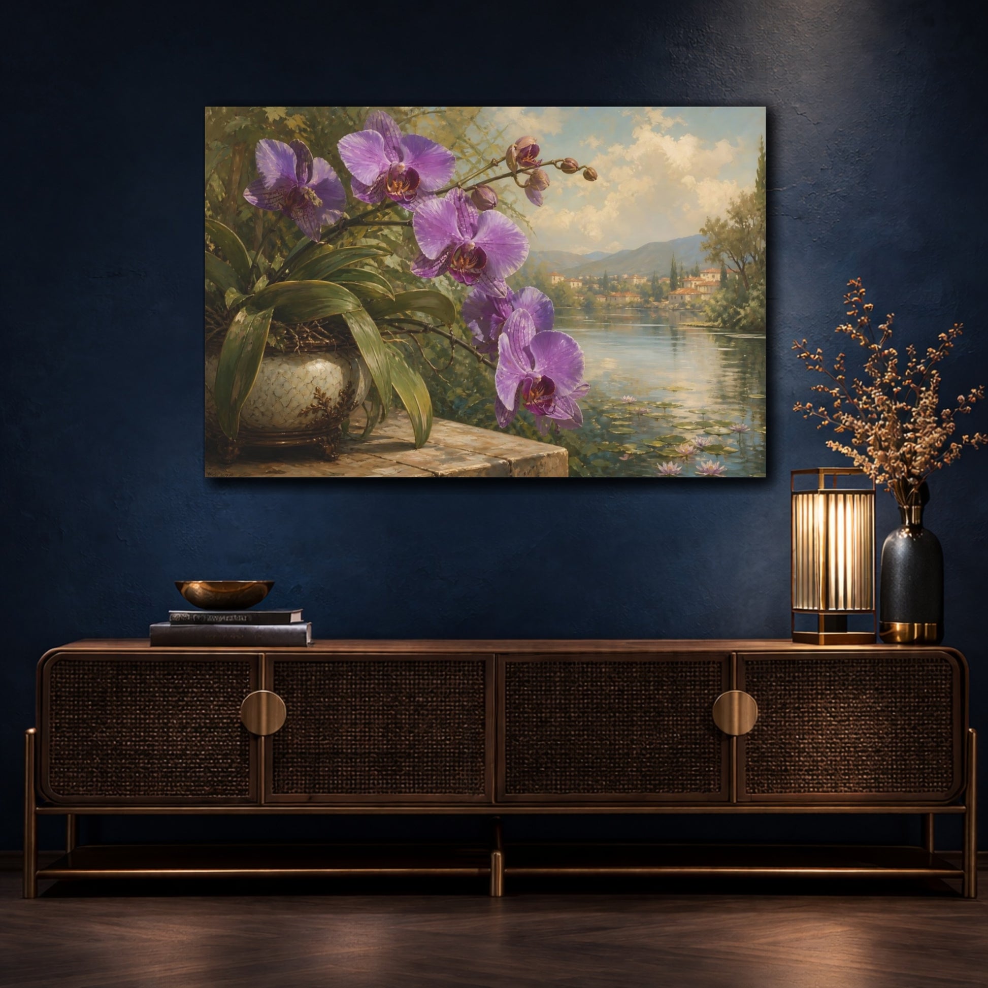 Mockup 4. Floral Orchid Purple Floral Lake shown as stretched canvas wall art