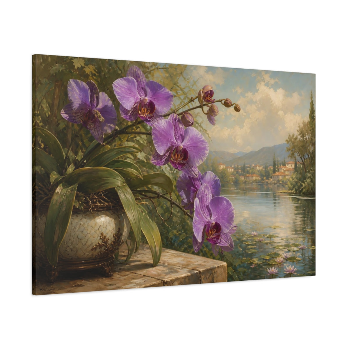 Side Mockup 1. Floral Orchid Purple Floral Lake shown as stretched canvas wall art