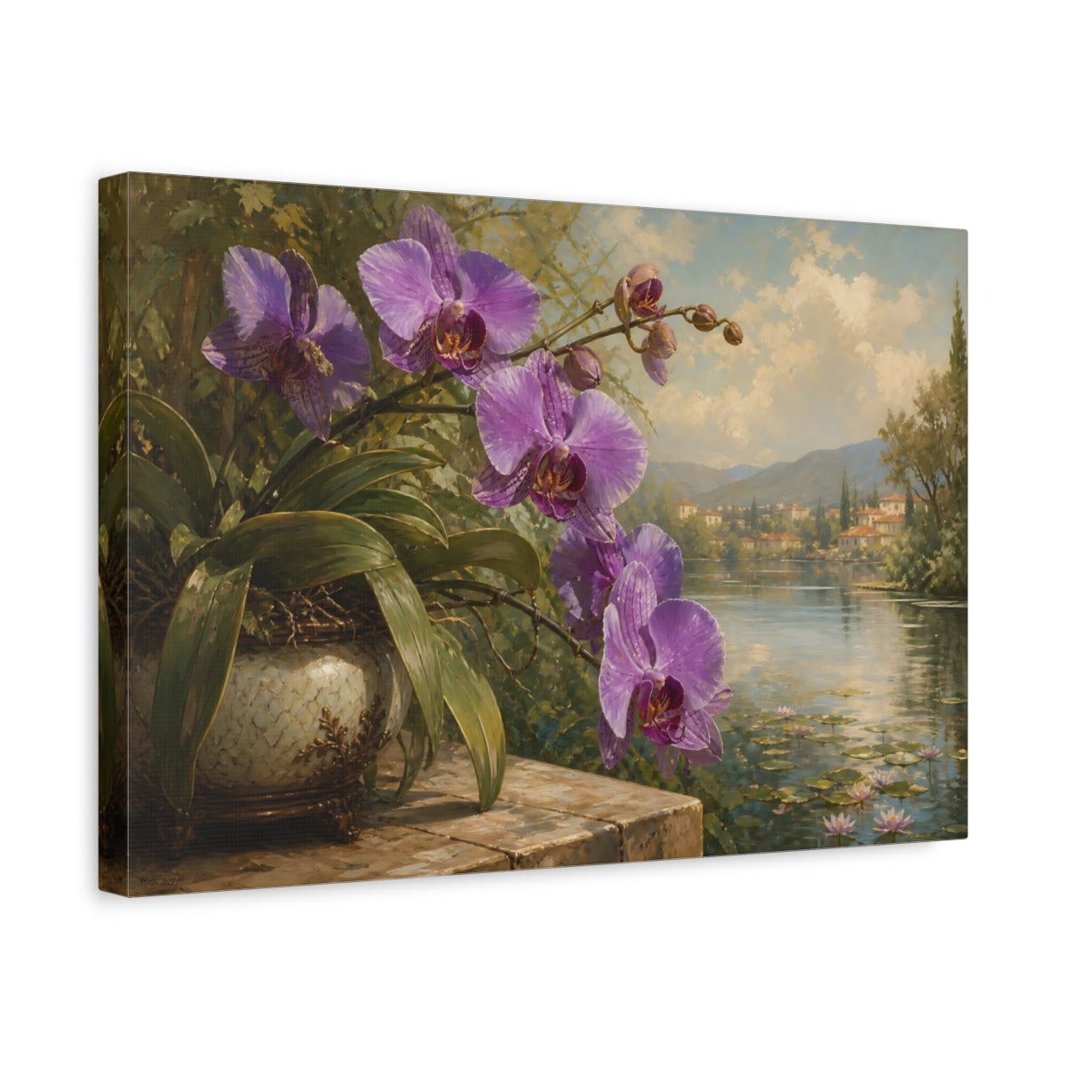 Side Mockup 4. Floral Orchid Purple Floral Lake shown as stretched canvas wall art