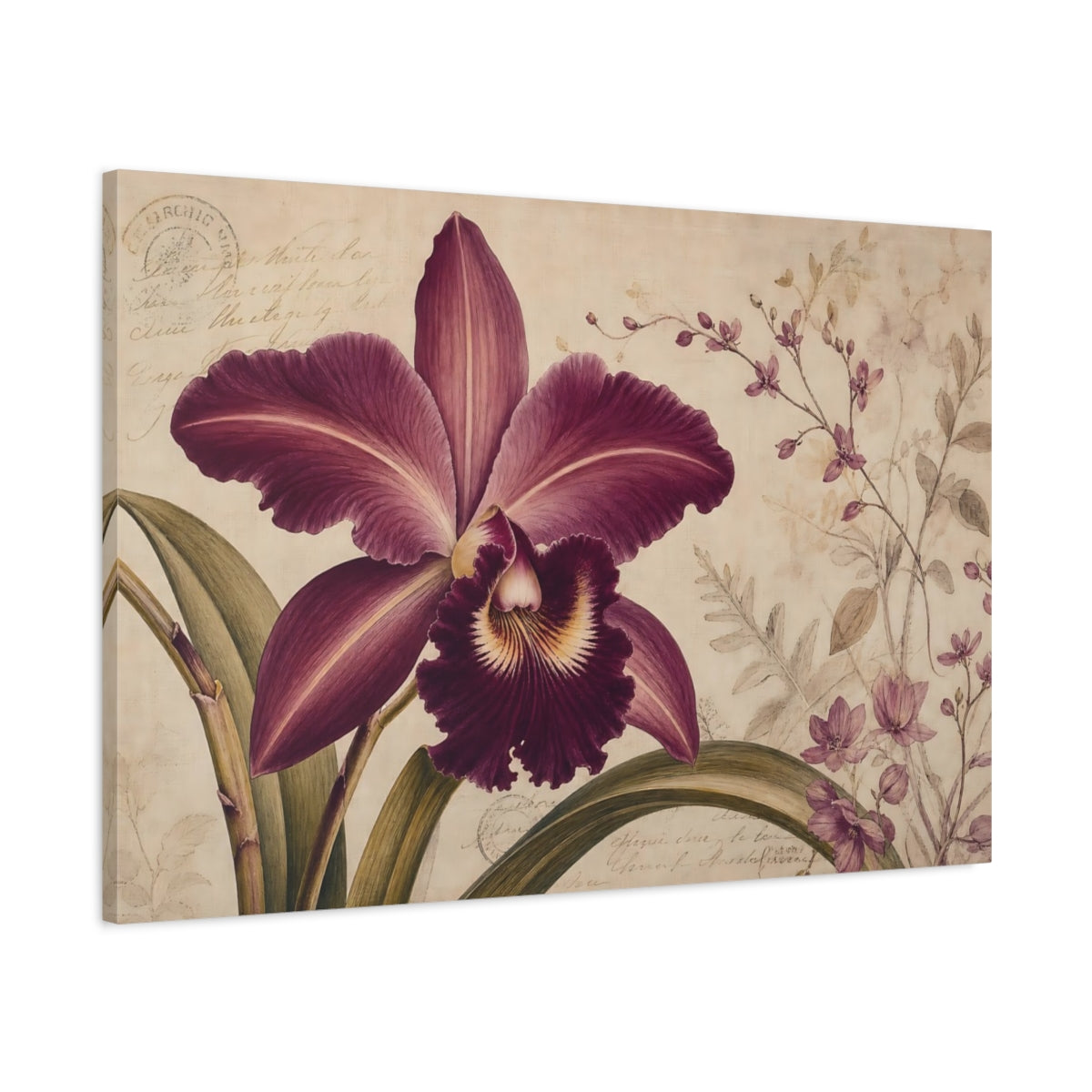 Main Mockup. Floral Orchid Purple Orchid shown as stretched canvas wall art