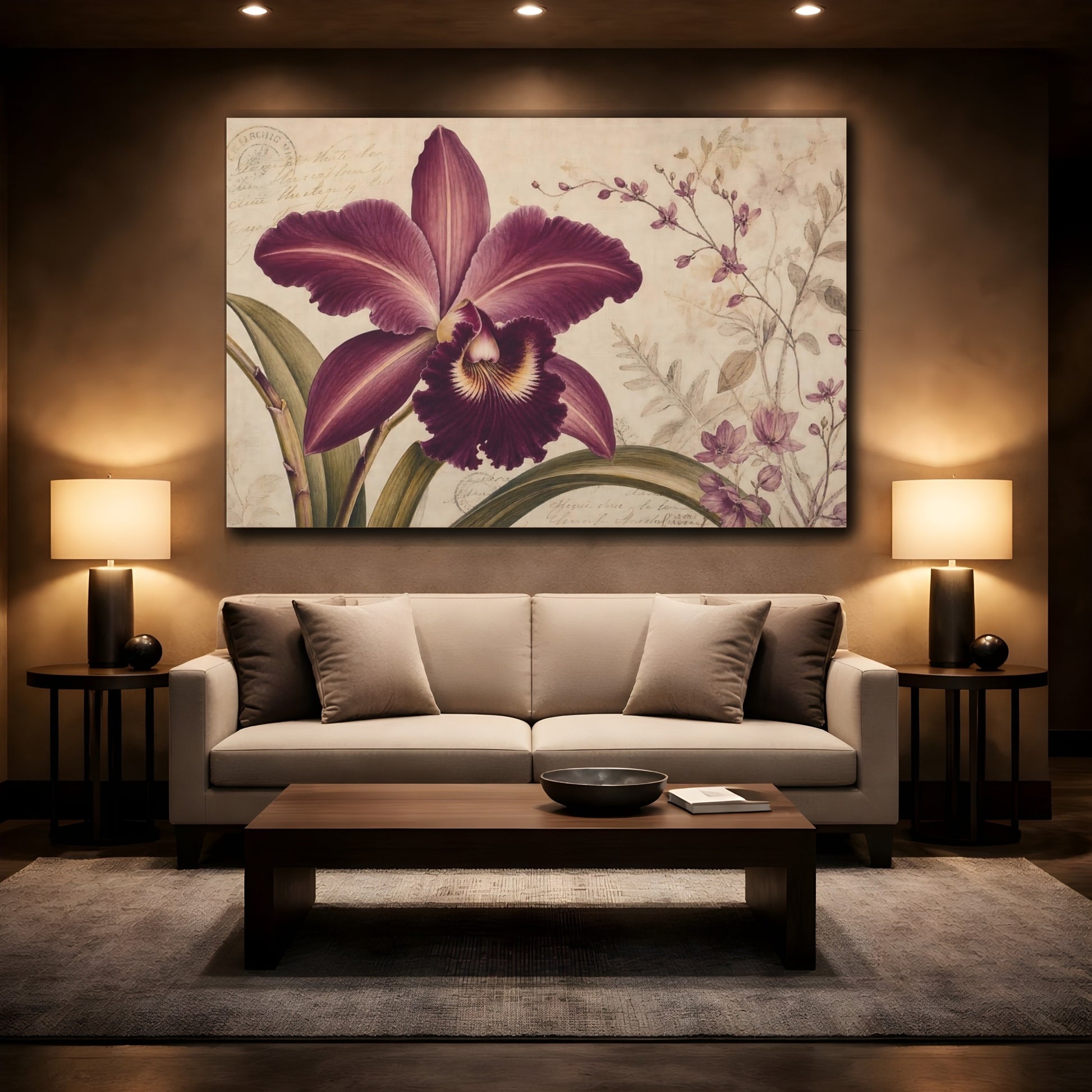 Mockup 2. Floral Orchid Purple Orchid shown as stretched canvas wall art