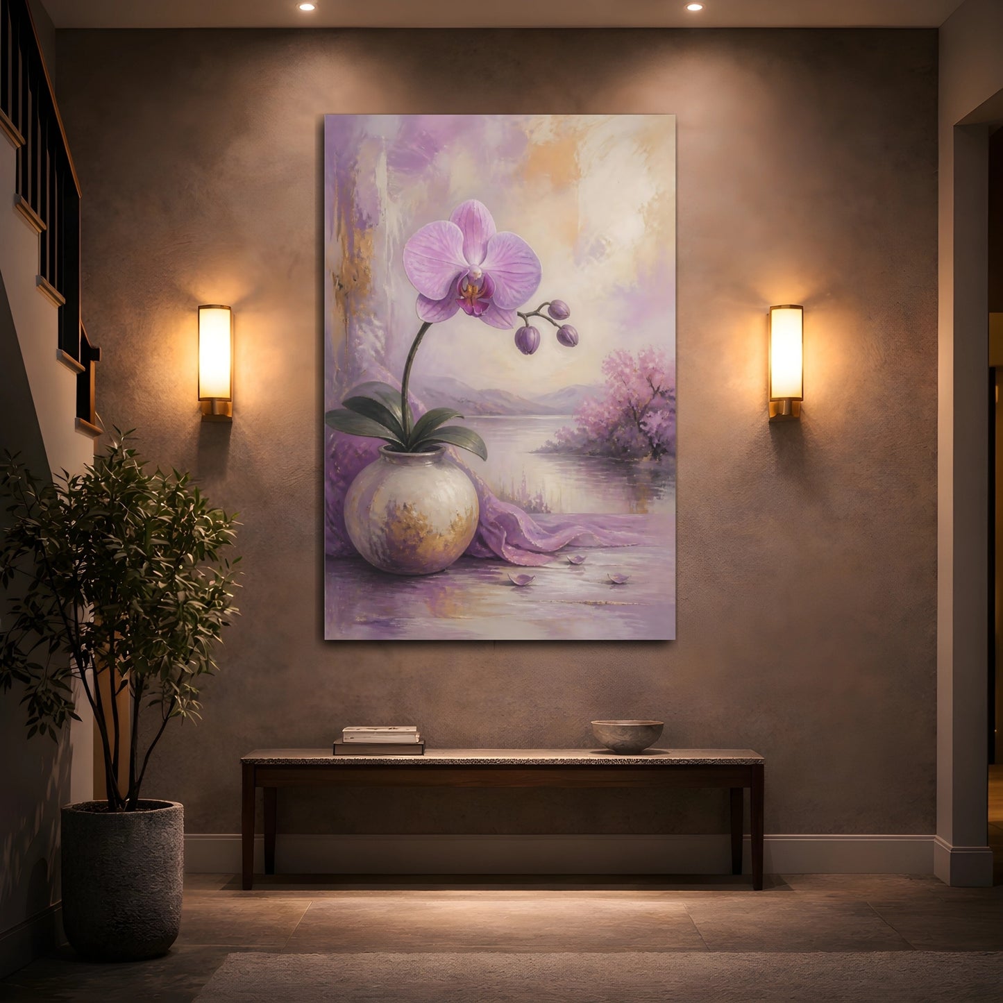 Mockup 2. Floral Orchid Purple Orchid shown as stretched canvas wall art