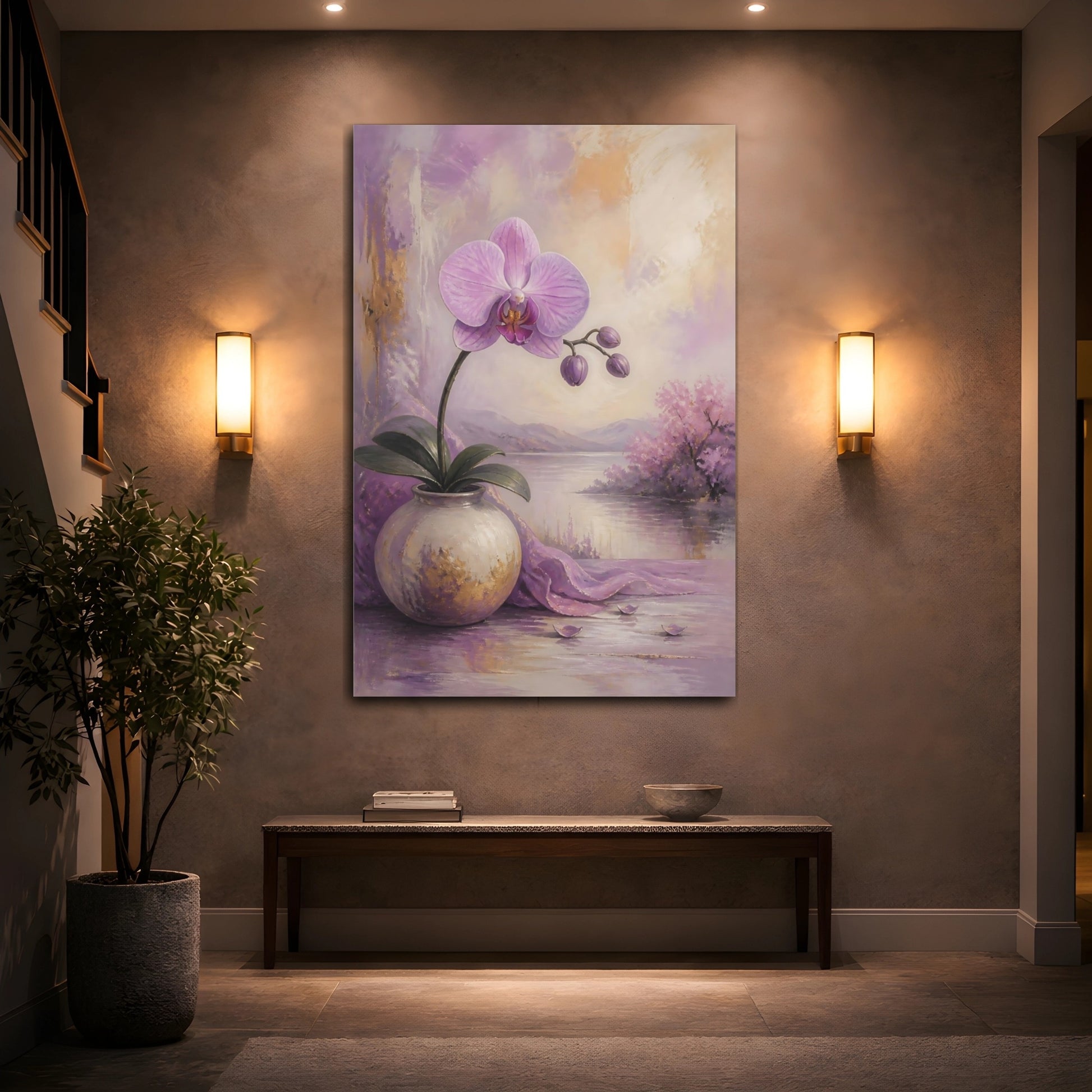 Mockup 2. Floral Orchid Purple Orchid shown as stretched canvas wall art