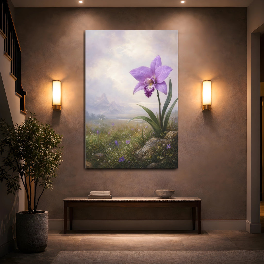 Mockup 2. Floral Orchid Purple Orchid shown as stretched canvas wall art