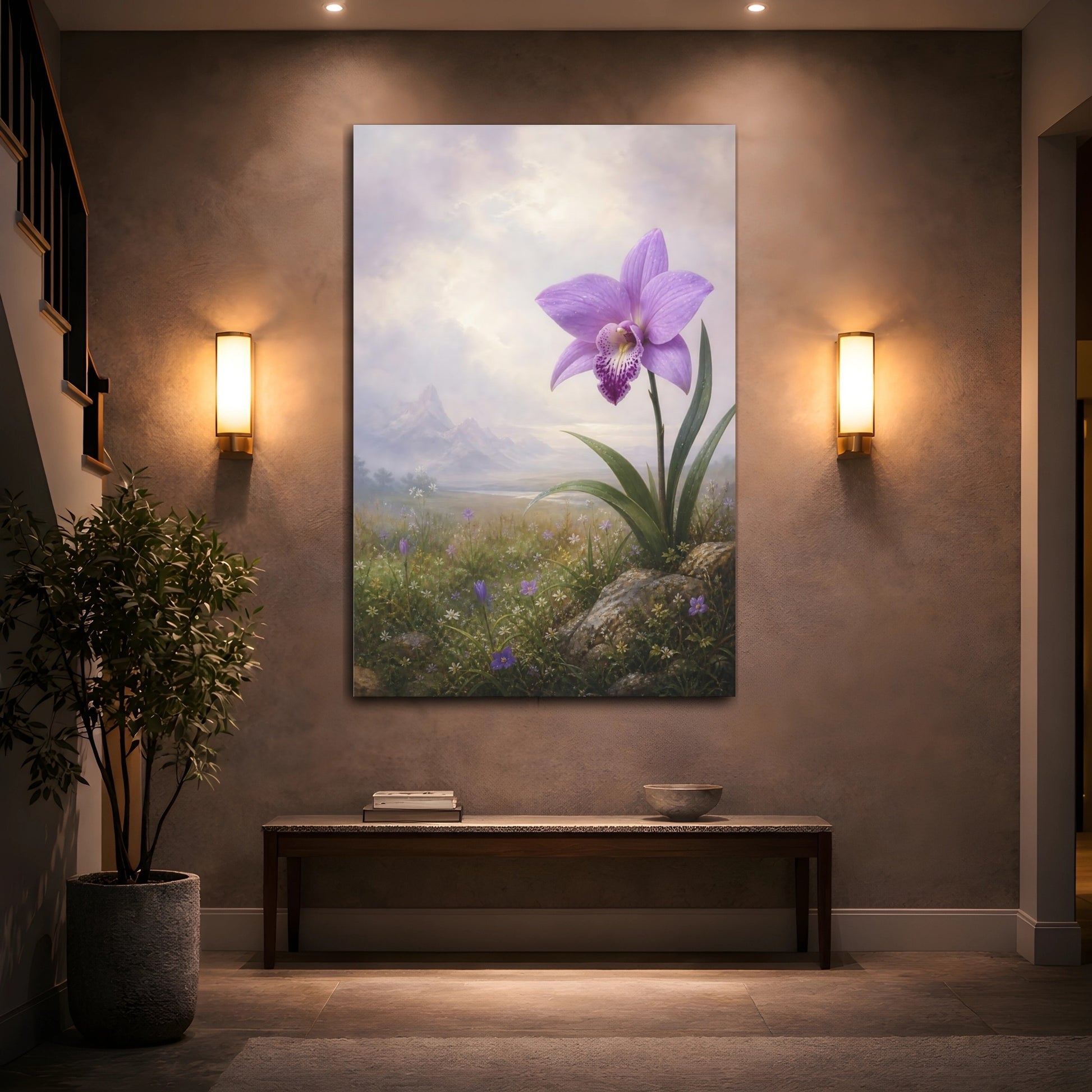 Mockup 2. Floral Orchid Purple Orchid shown as stretched canvas wall art