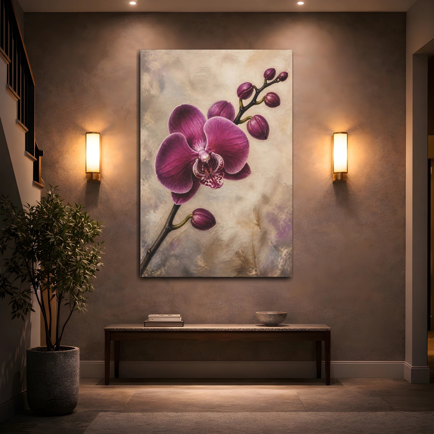 Mockup 2. Floral Orchid Purple Orchid shown as stretched canvas wall art
