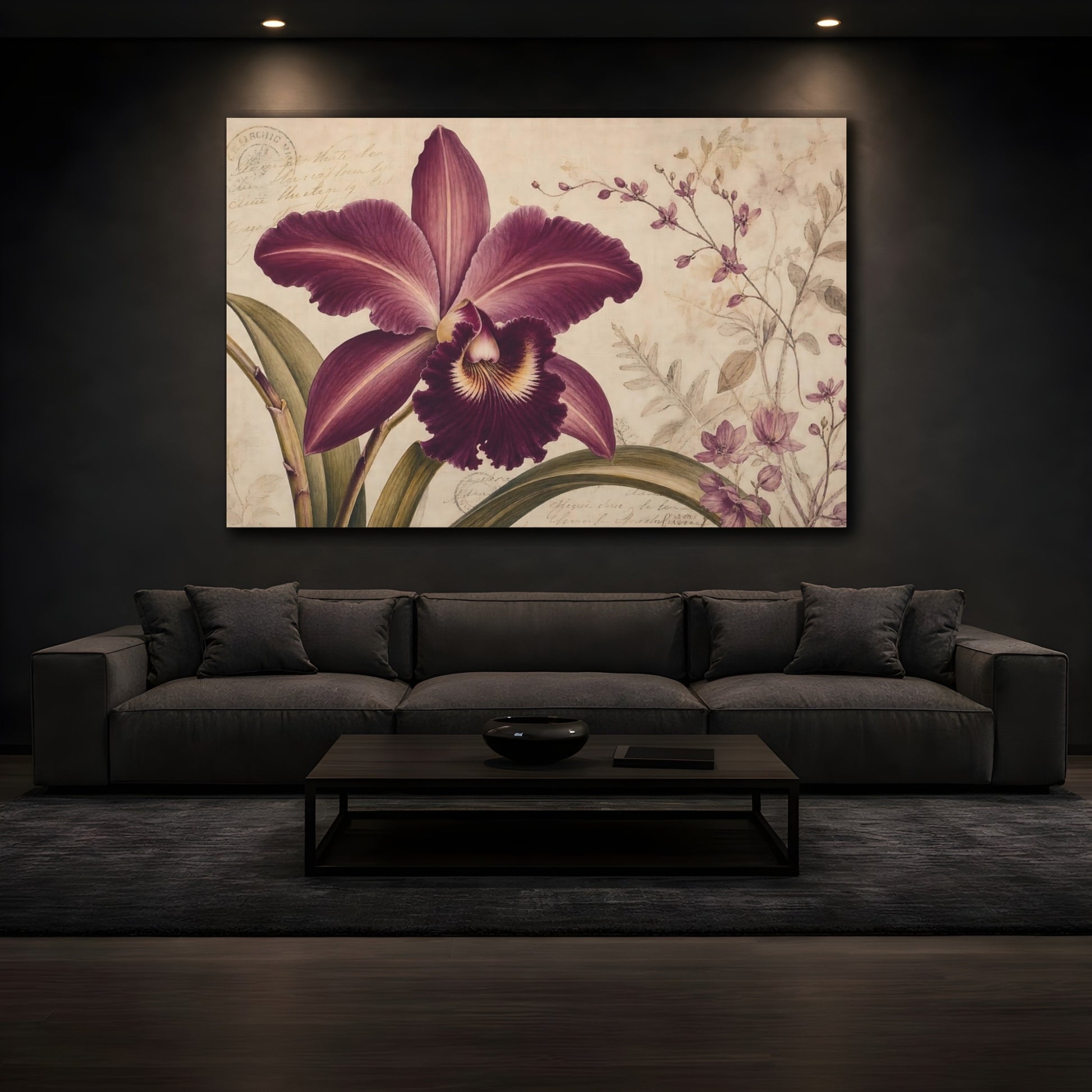 Mockup 3. Floral Orchid Purple Orchid shown as stretched canvas wall art
