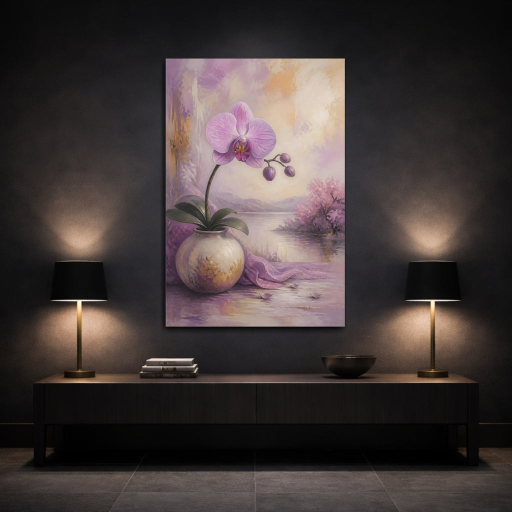 Mockup 3. Floral Orchid Purple Orchid shown as stretched canvas wall art