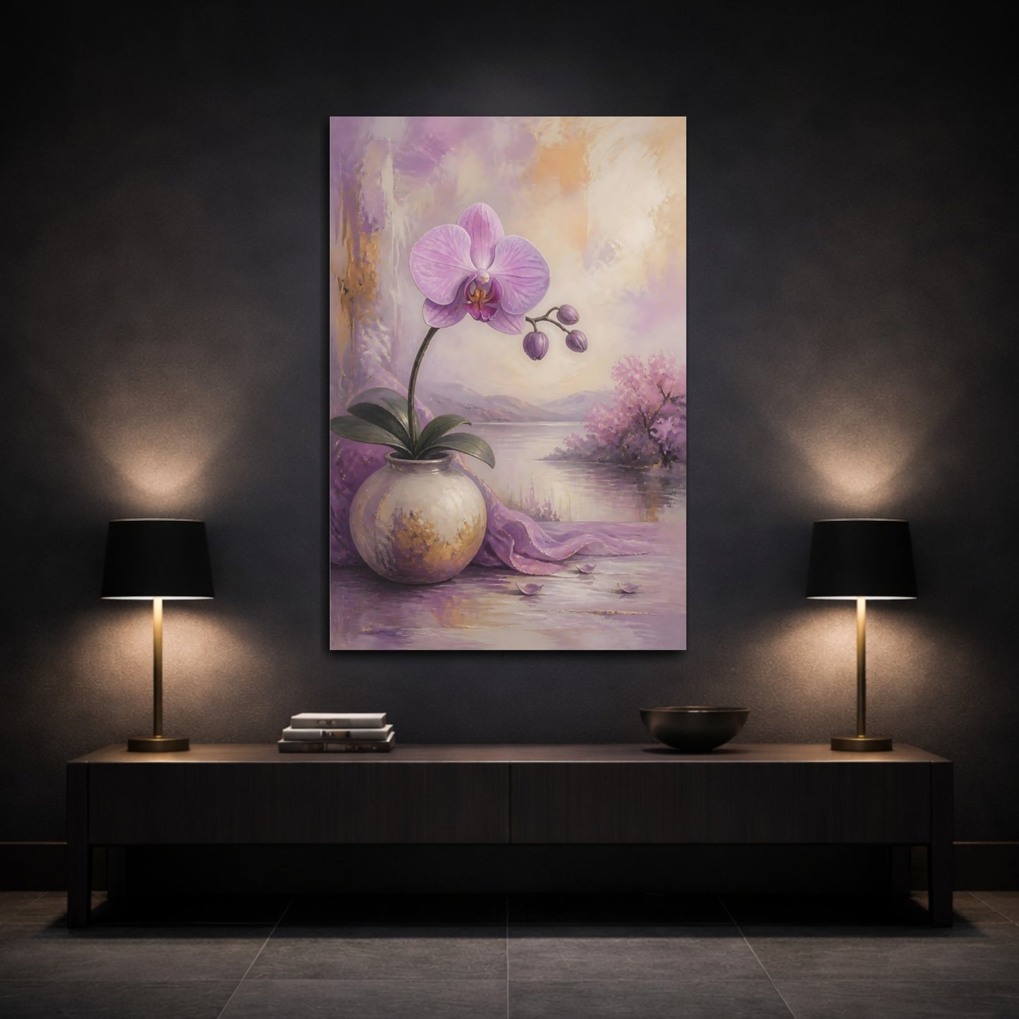 Mockup 3. Floral Orchid Purple Orchid shown as stretched canvas wall art