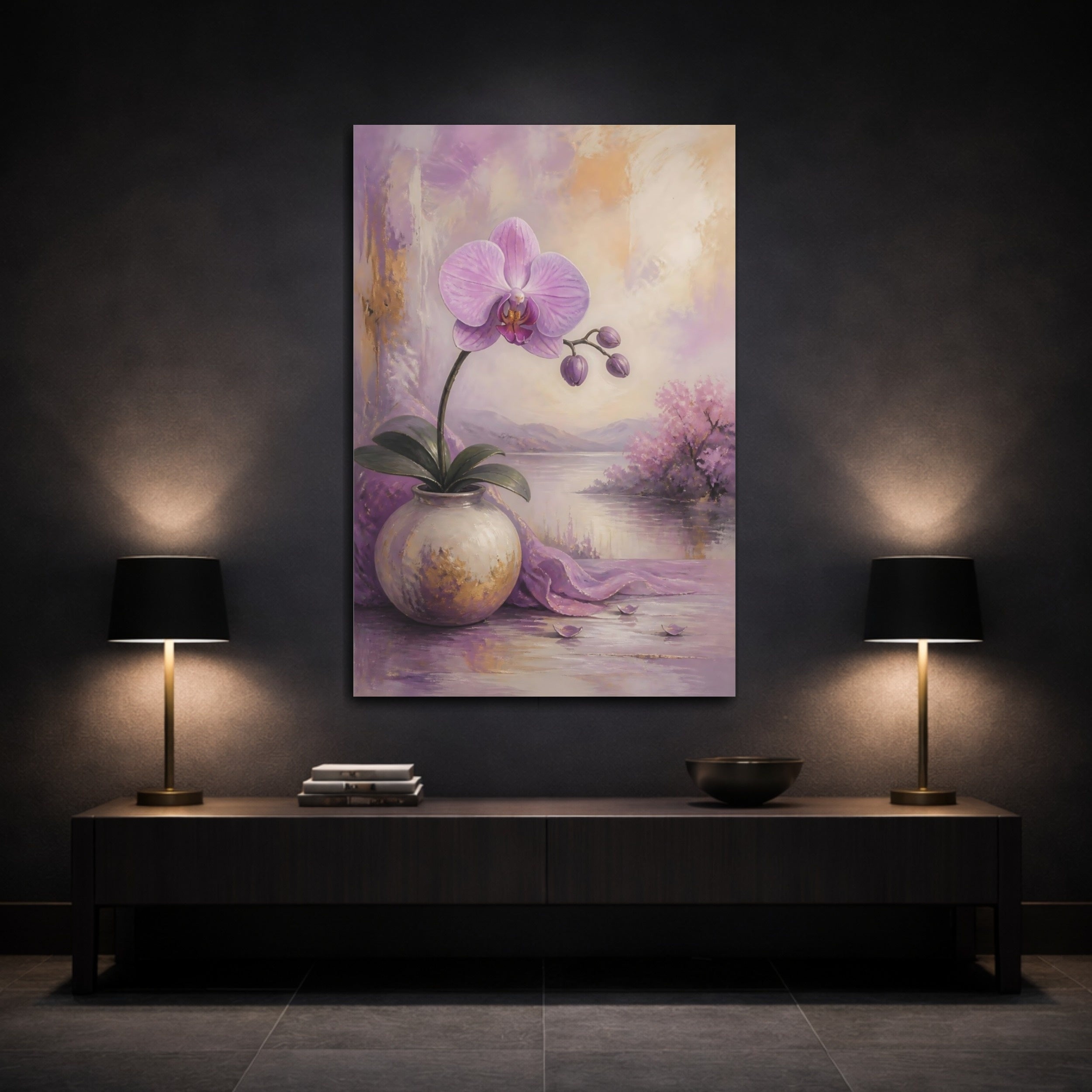 Mockup 3. Floral Orchid Purple Orchid shown as stretched canvas wall art